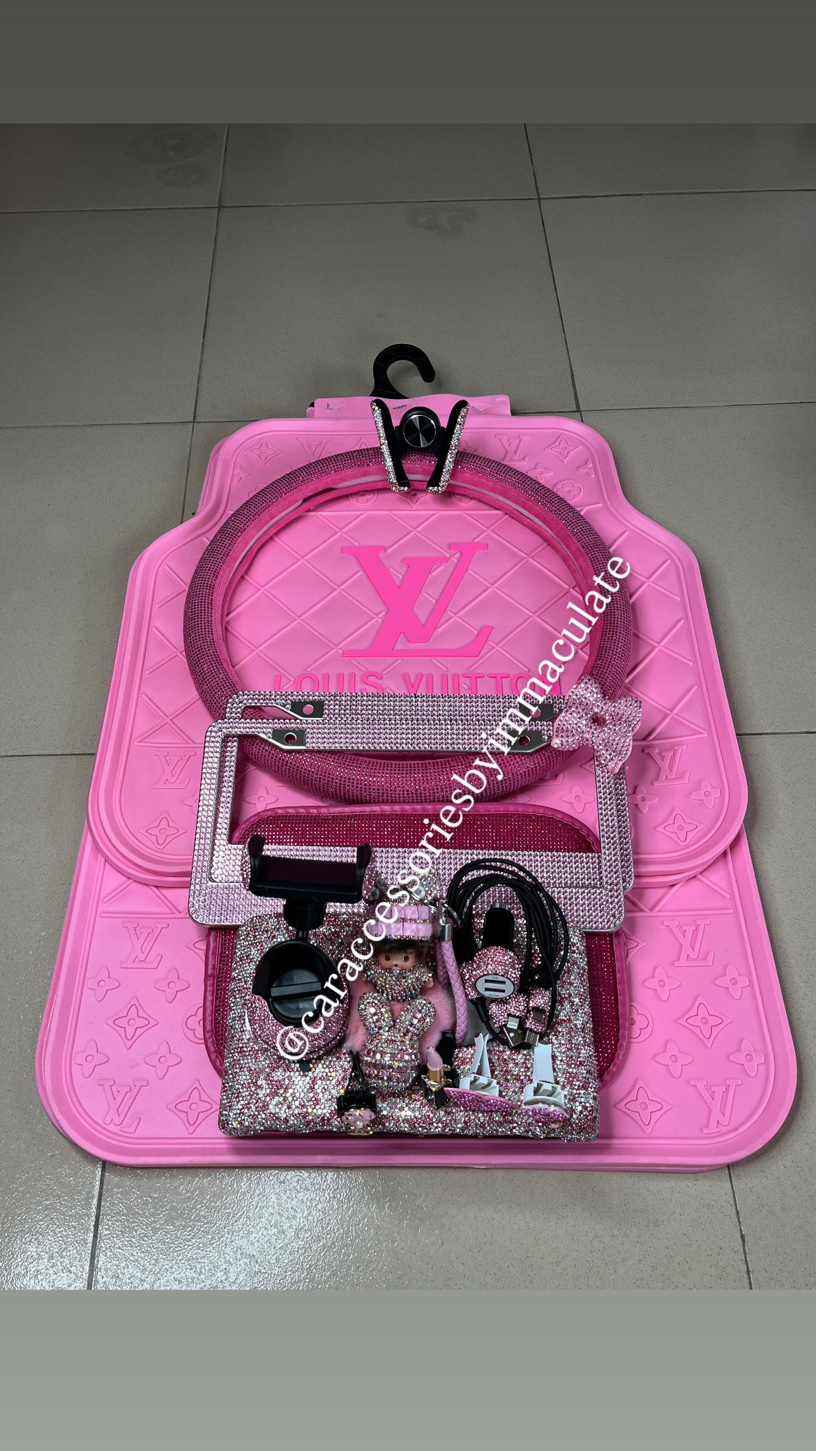 LV (Pink Barbie) car mats(5pcs)plus Bedazzle steering cover X bedazzle car accessories bundle