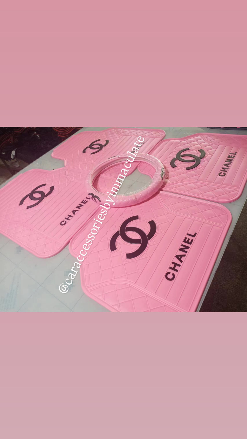Cc (pink Barbie and black) 5pcs car mats plus matching steering cover