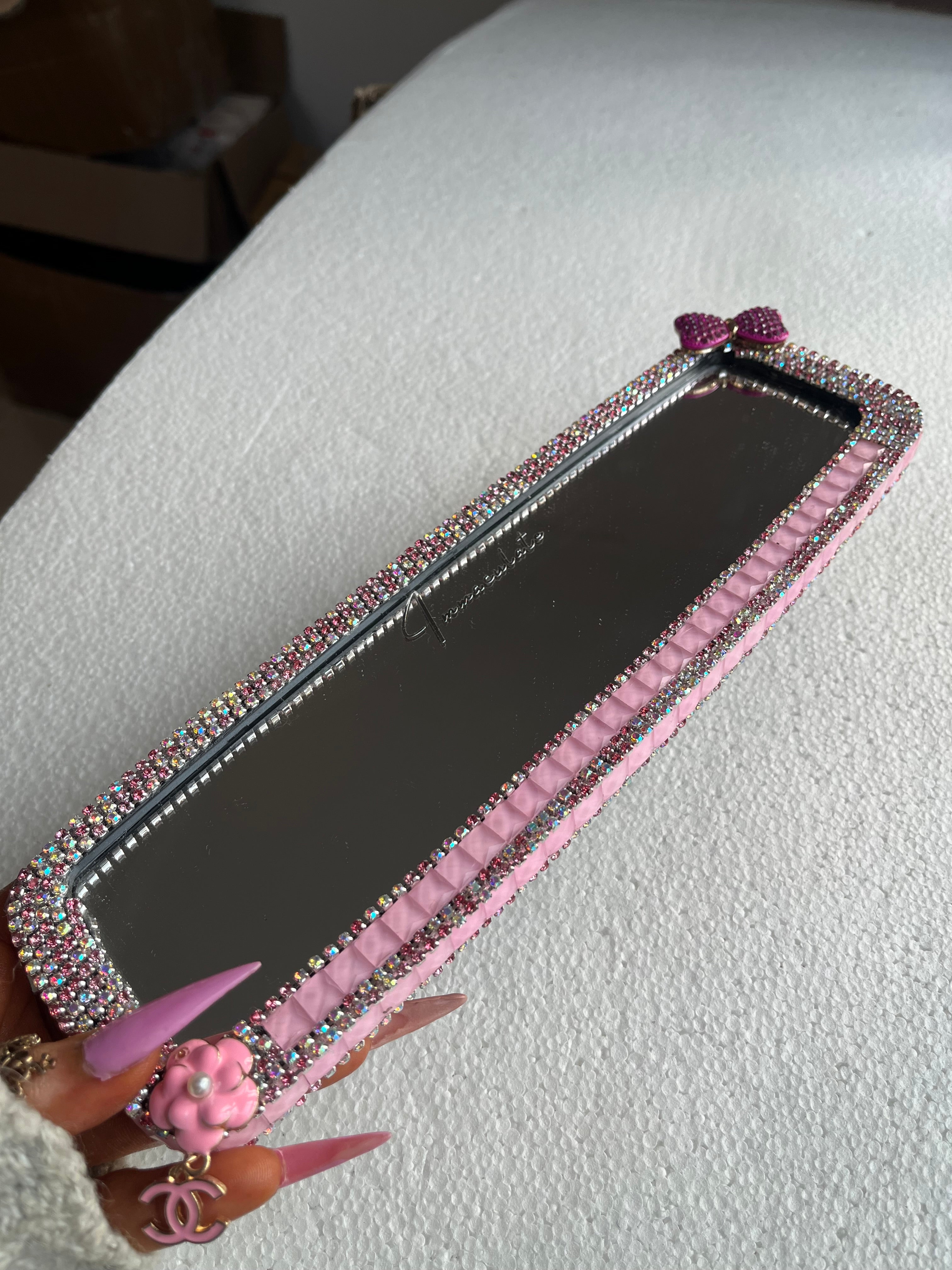 CC (tiny sweet bow) Pink Diamond encrusted car rear view mirror cover