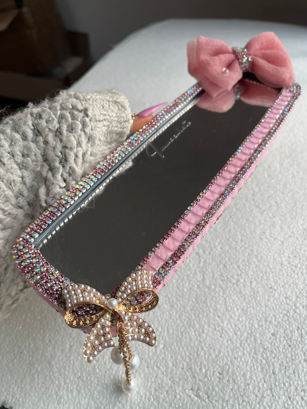Peach Ribbon (pink) diamond encrusted car rear view mirror cover decor