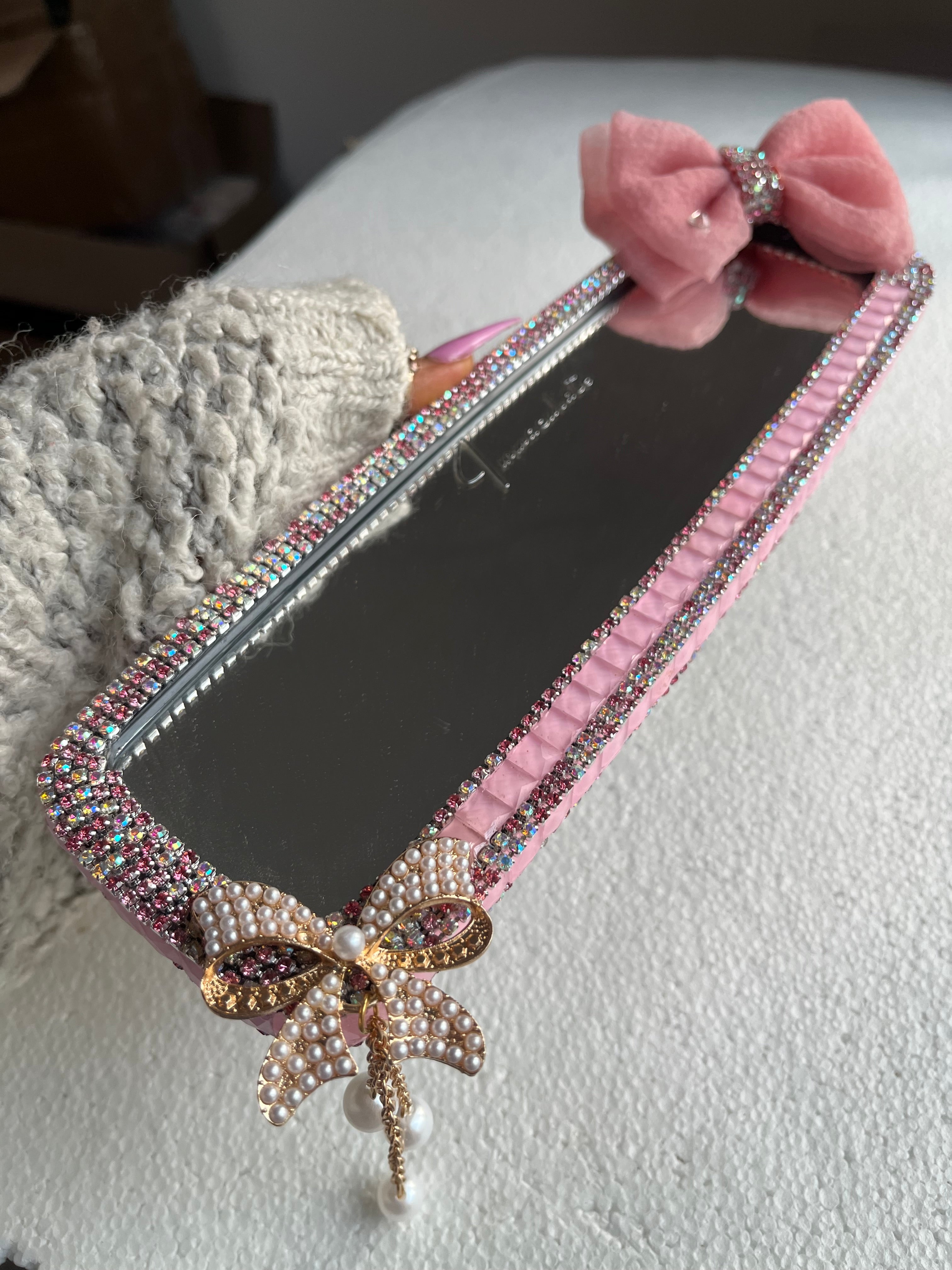 Peach Ribbon (pink) diamond encrusted car rear view mirror cover decor
