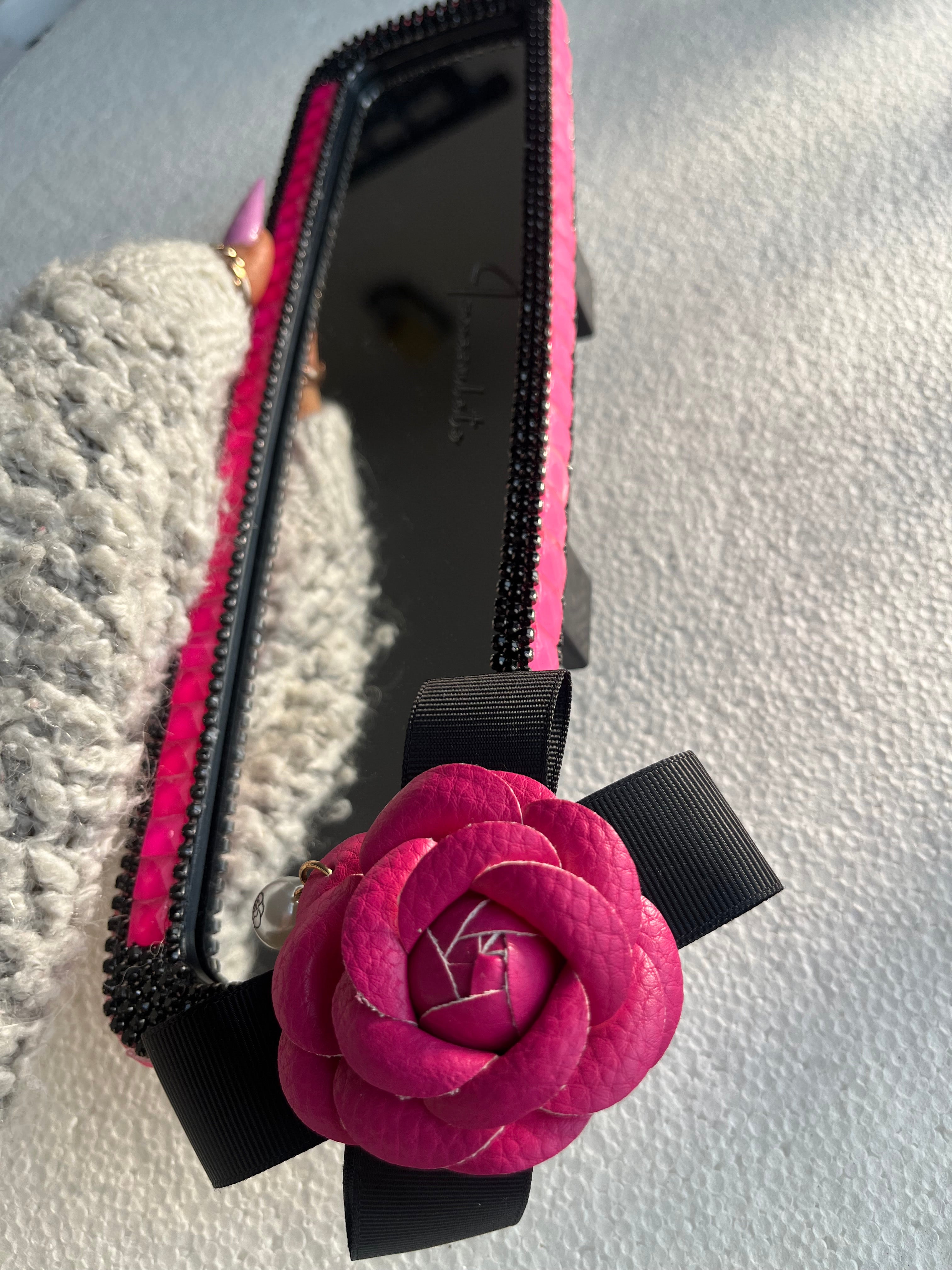 Rose Pink & Black diamond encrusted car rear view mirror cover