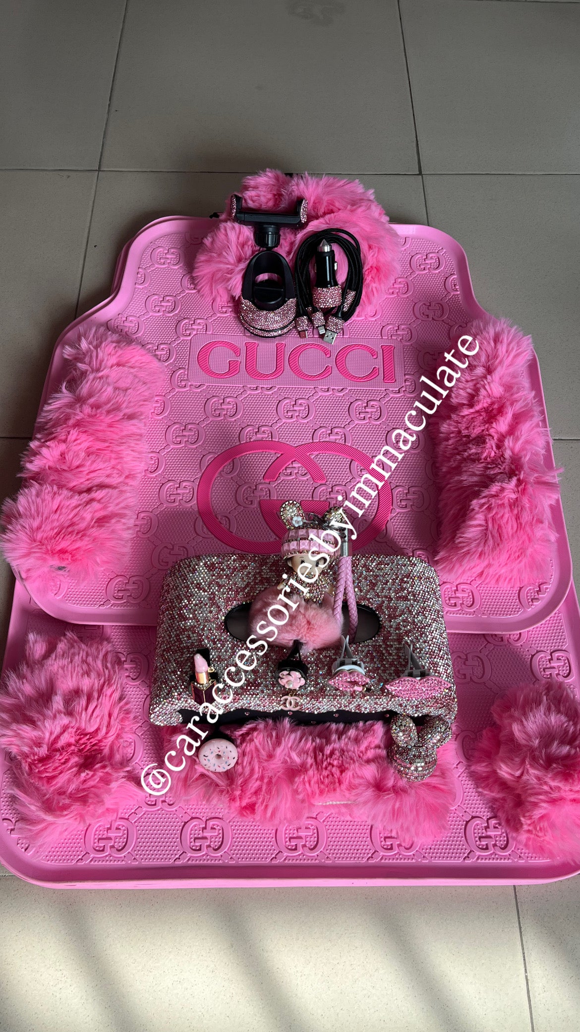 GG FUR (Pink Barbie) car mats(5pcs)plus X bedazzle car accessories bundle