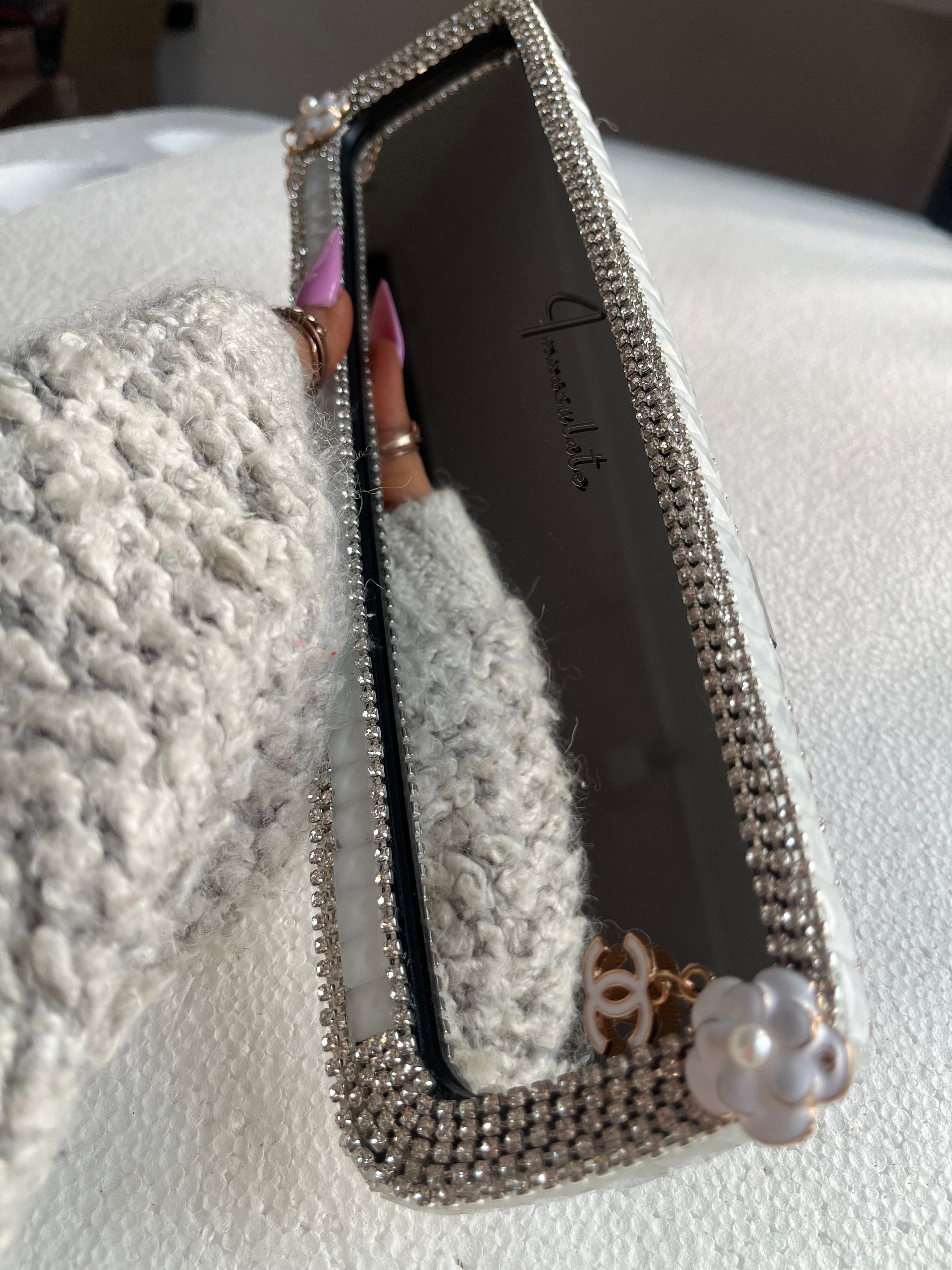 Cc (double)snow white diamond encrusted car rear view mirror cover decor