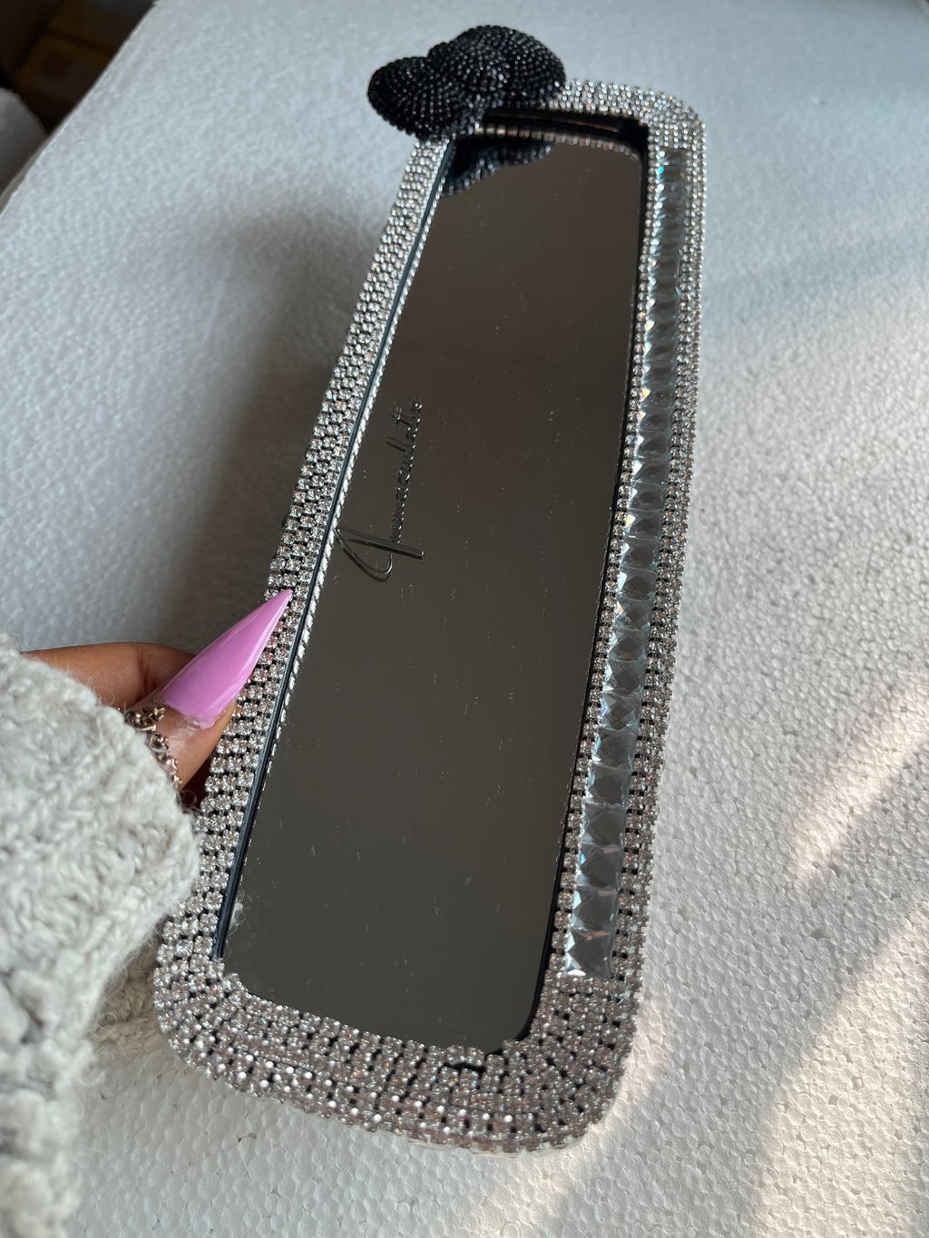 Bow (single) black and crystal clear silver diamond encrusted rear view mirror cover