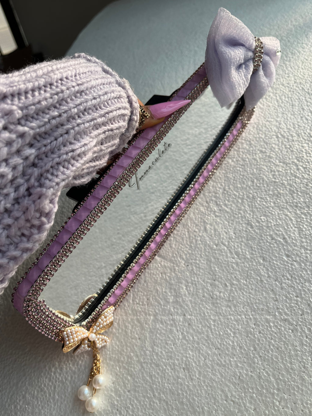 Lavender diamond encrusted rear view mirror cover