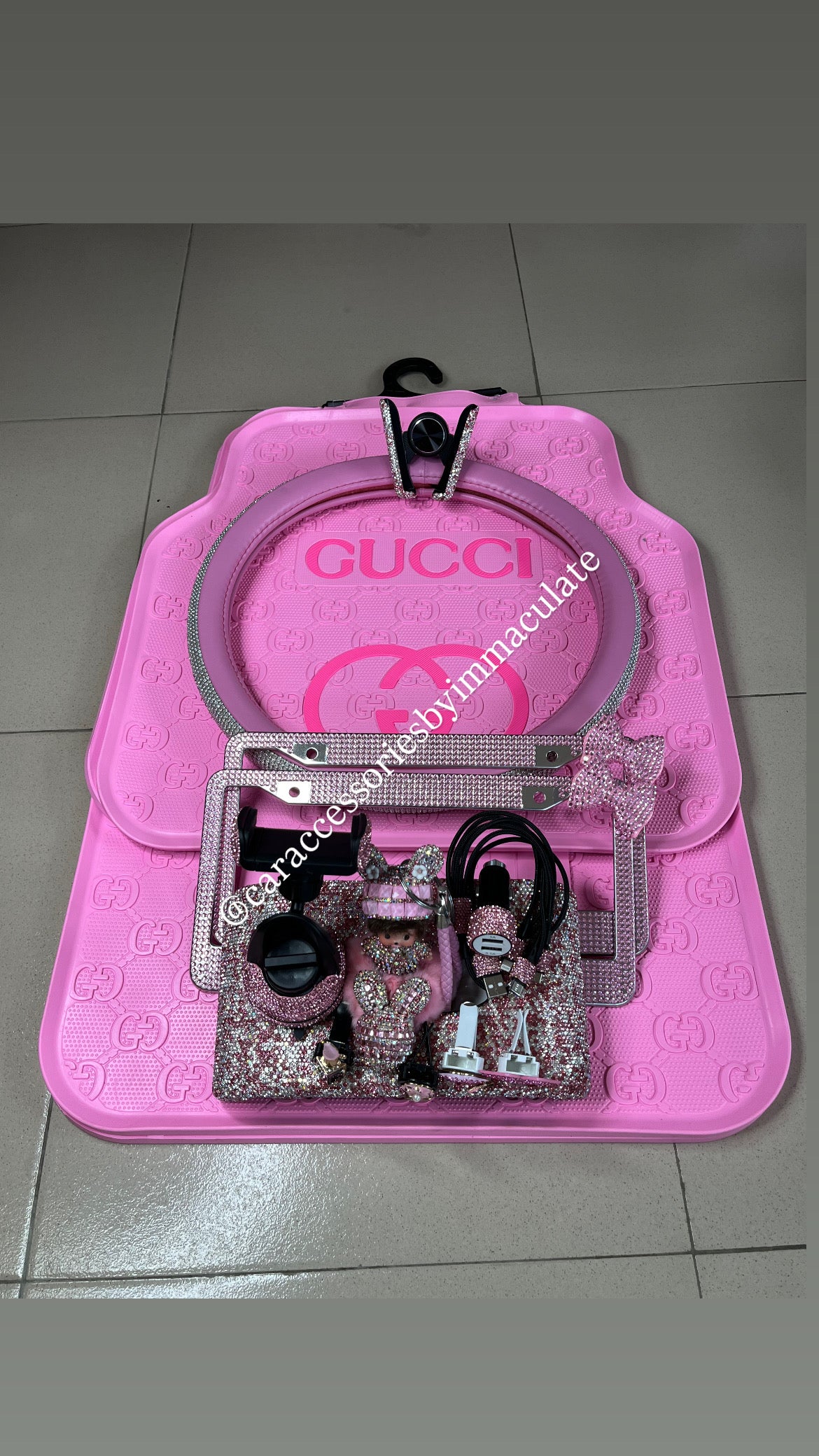 GG (Pink Barbie) car mats(5pcs)plus Rhinestone steering cover X bedazzle car accessories bundle