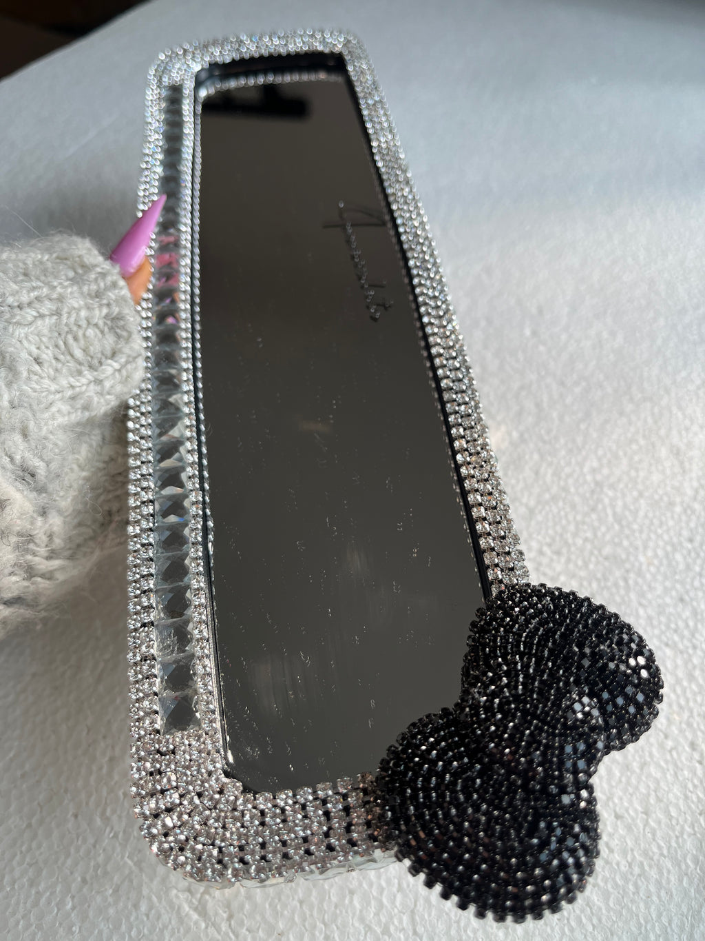 Bow (single) black and crystal clear silver diamond encrusted rear view mirror cover
