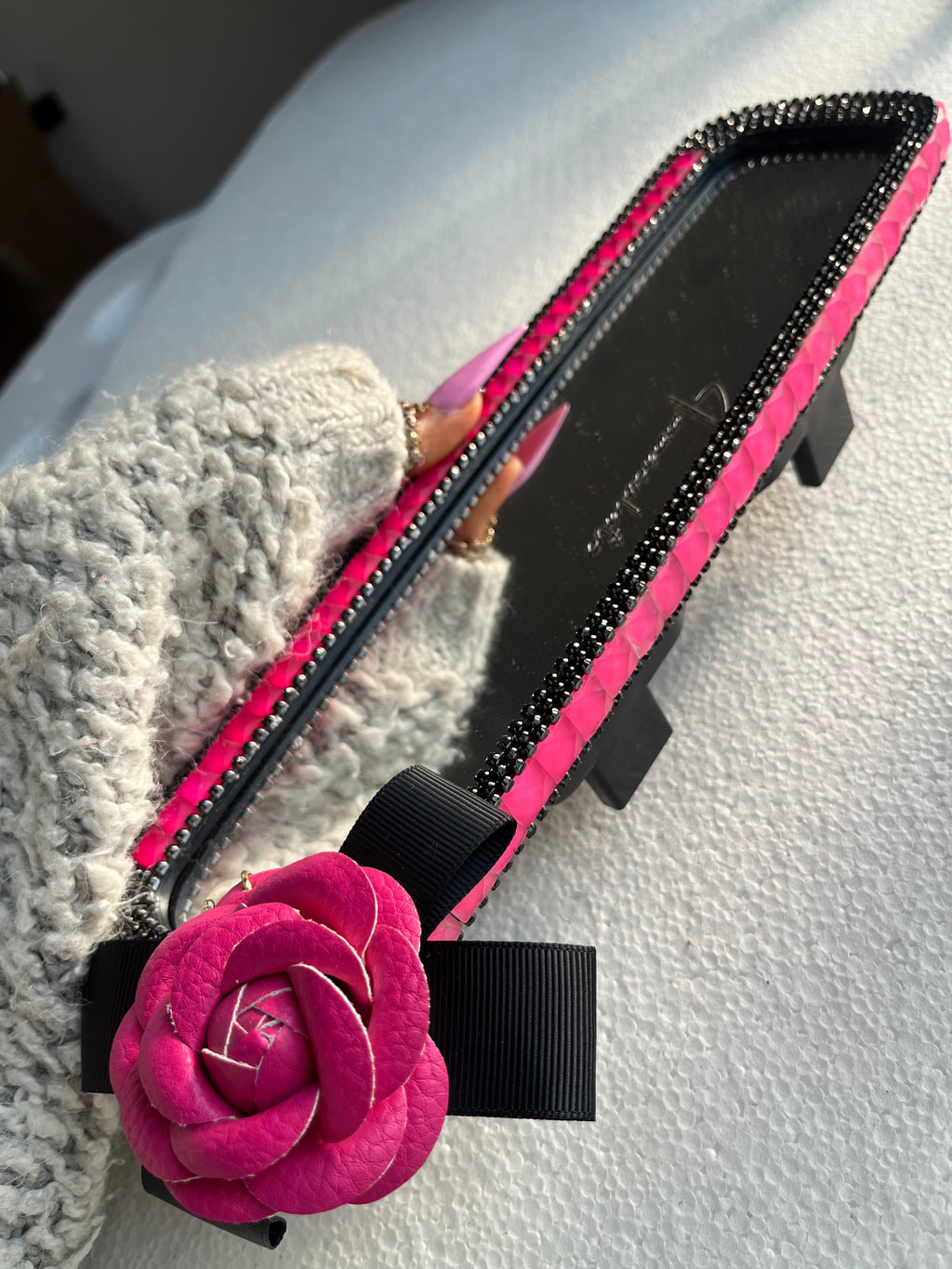 Rose Pink & Black diamond encrusted car rear view mirror cover