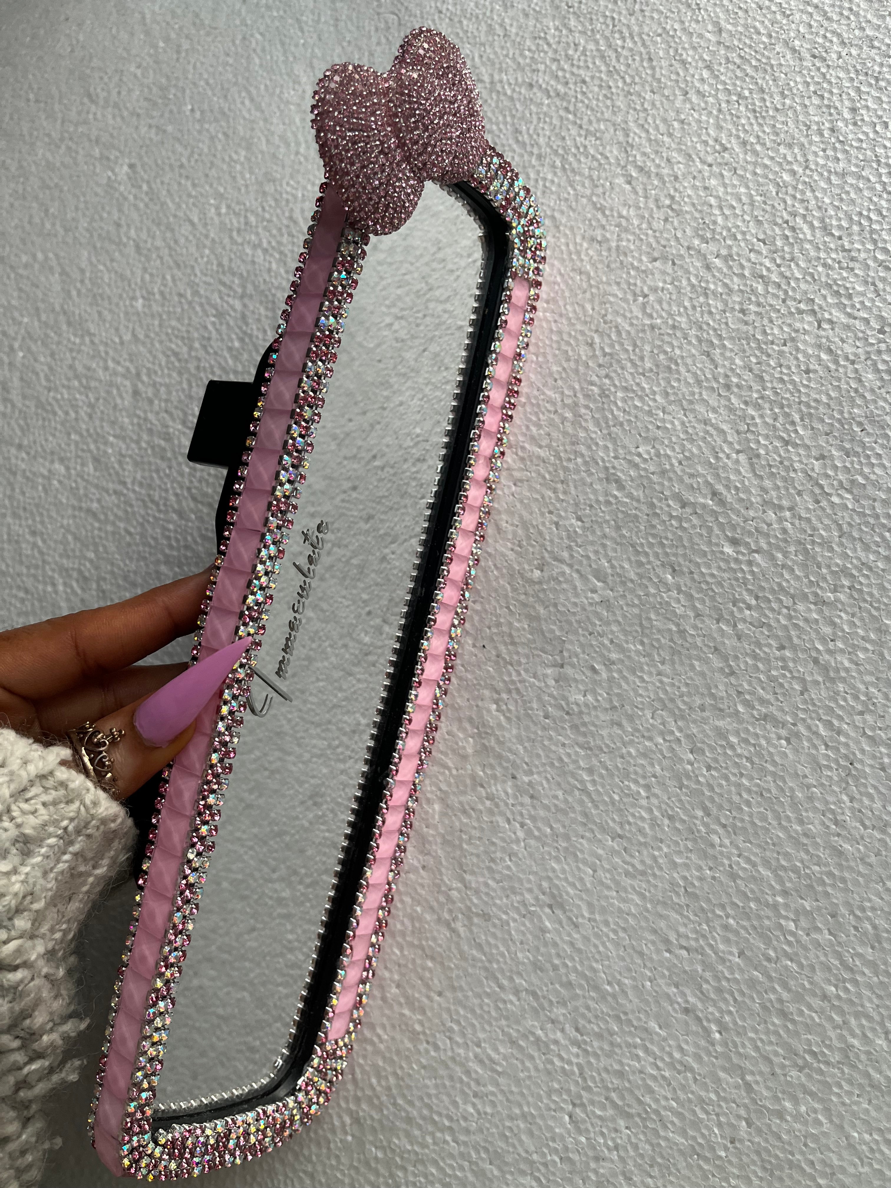 Bow (single) Pink Diamond encrusted car rear view mirror cover decor