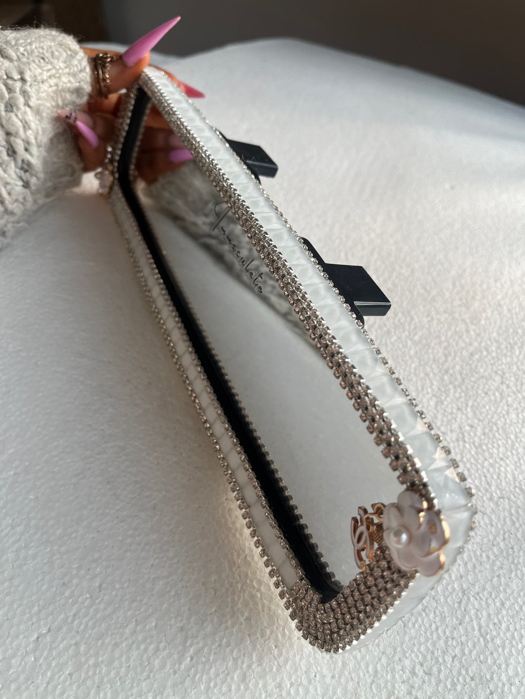 Cc (double)snow white diamond encrusted car rear view mirror cover decor