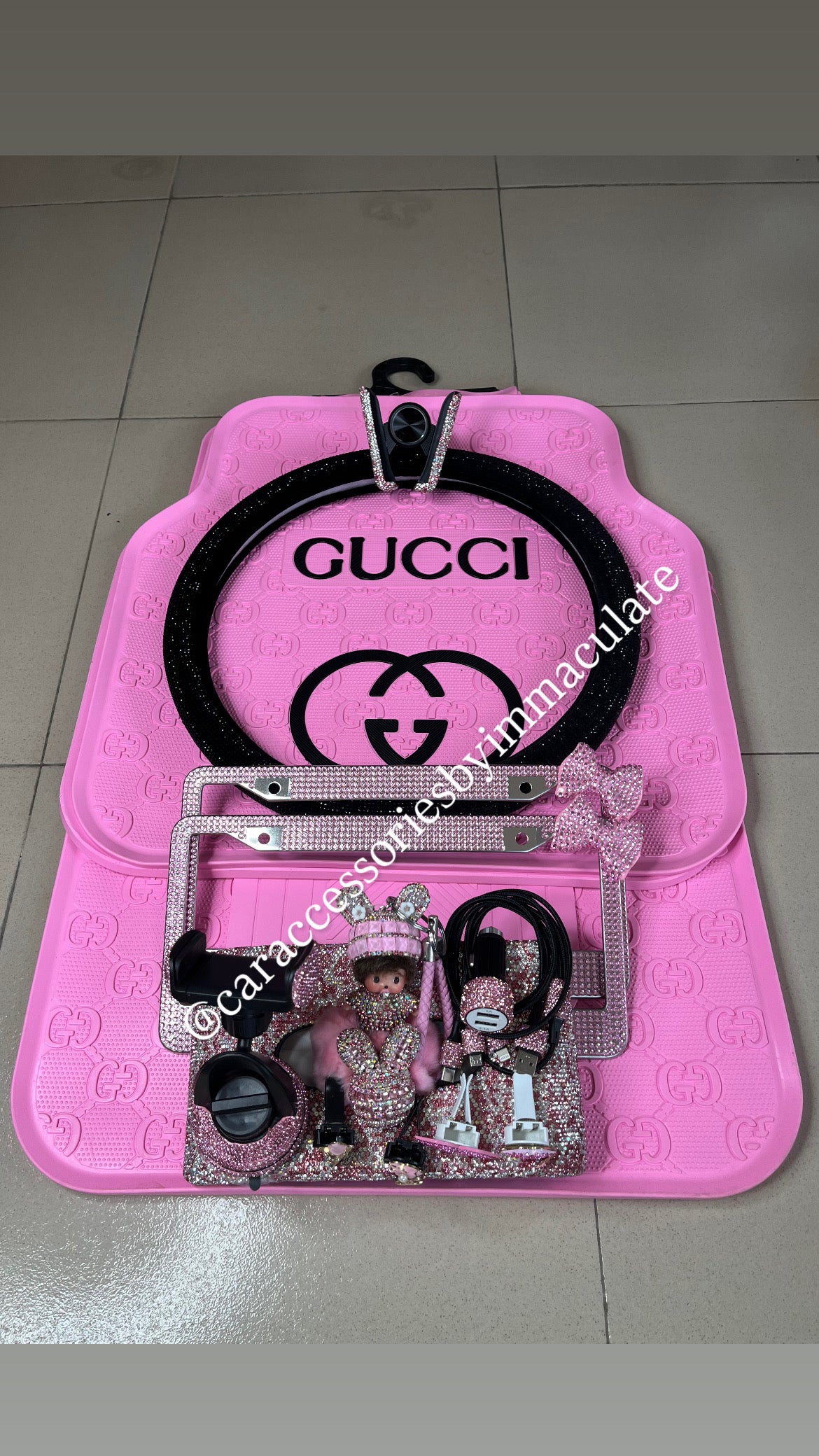 GG (Pink Barbie) car mats(5pcs)plus Bedazzled steering cover X bedazzle car accessories bundle