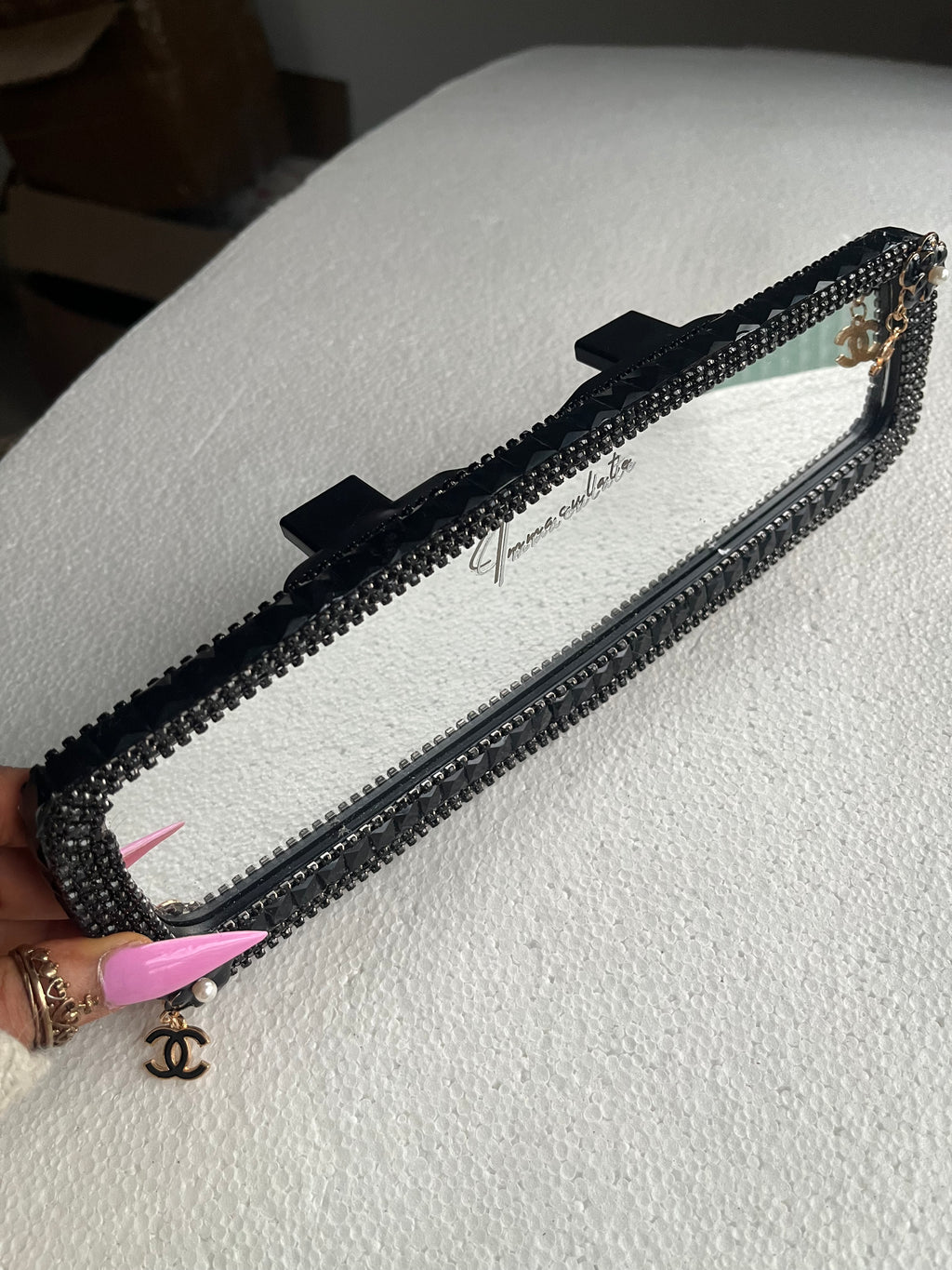 Cc double (black) diamond encrusted car rear view mirror cover decor