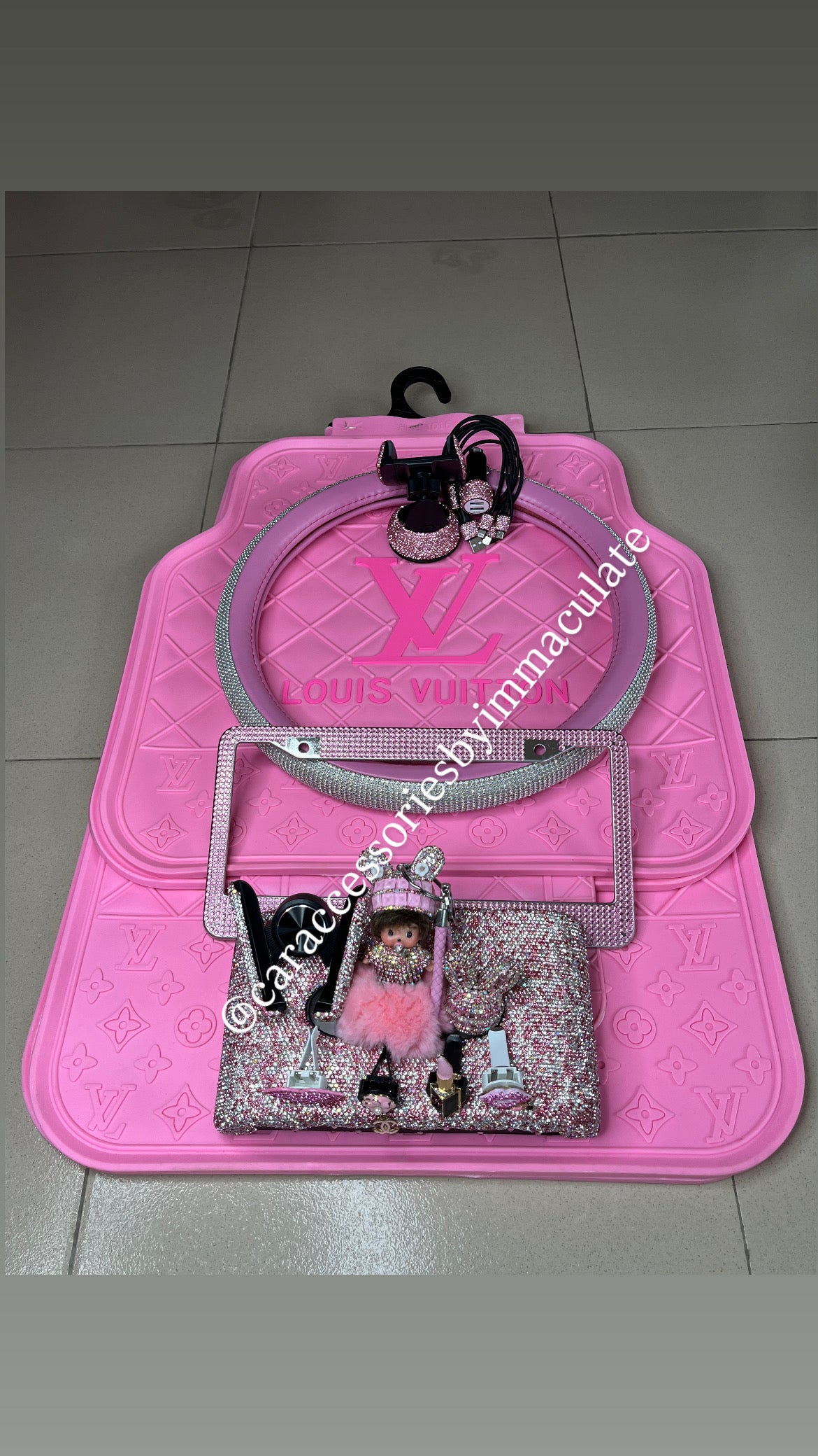 LV (Pink Barbie) car mats(5pcs)plus Rhinestone steering cover X bedazzle car accessories bundle