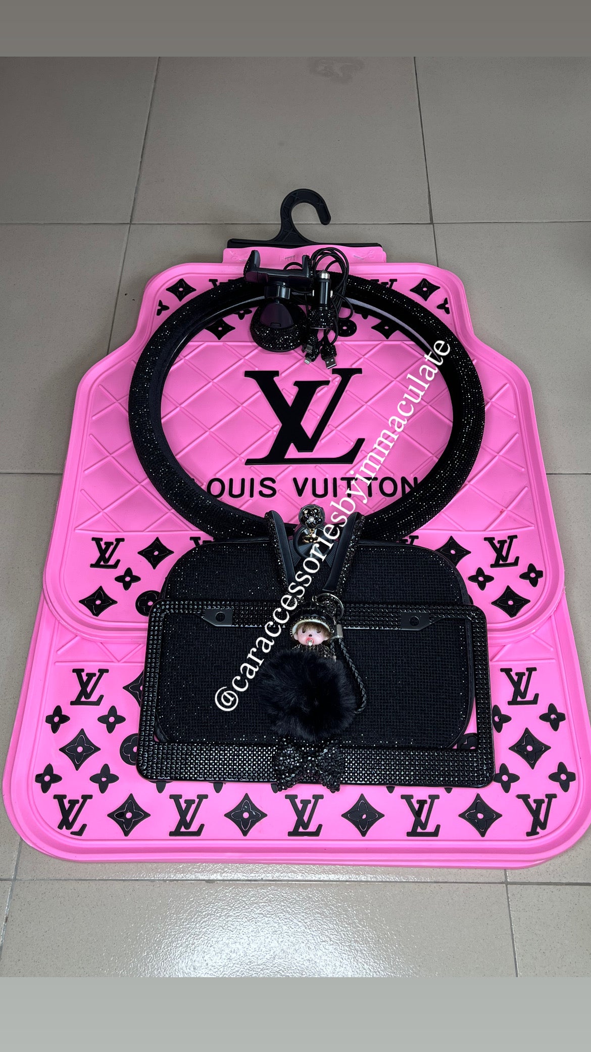 (Pink Barbie) car mats(5pcs)plus bedazzle steering cover X bedazzle car accessories bundle