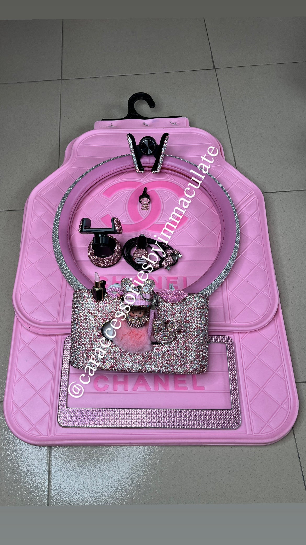 Cc (Pink Barbie) car mats(5pcs)plus Rhinestone steering cover X bedazzle car accessories bundle