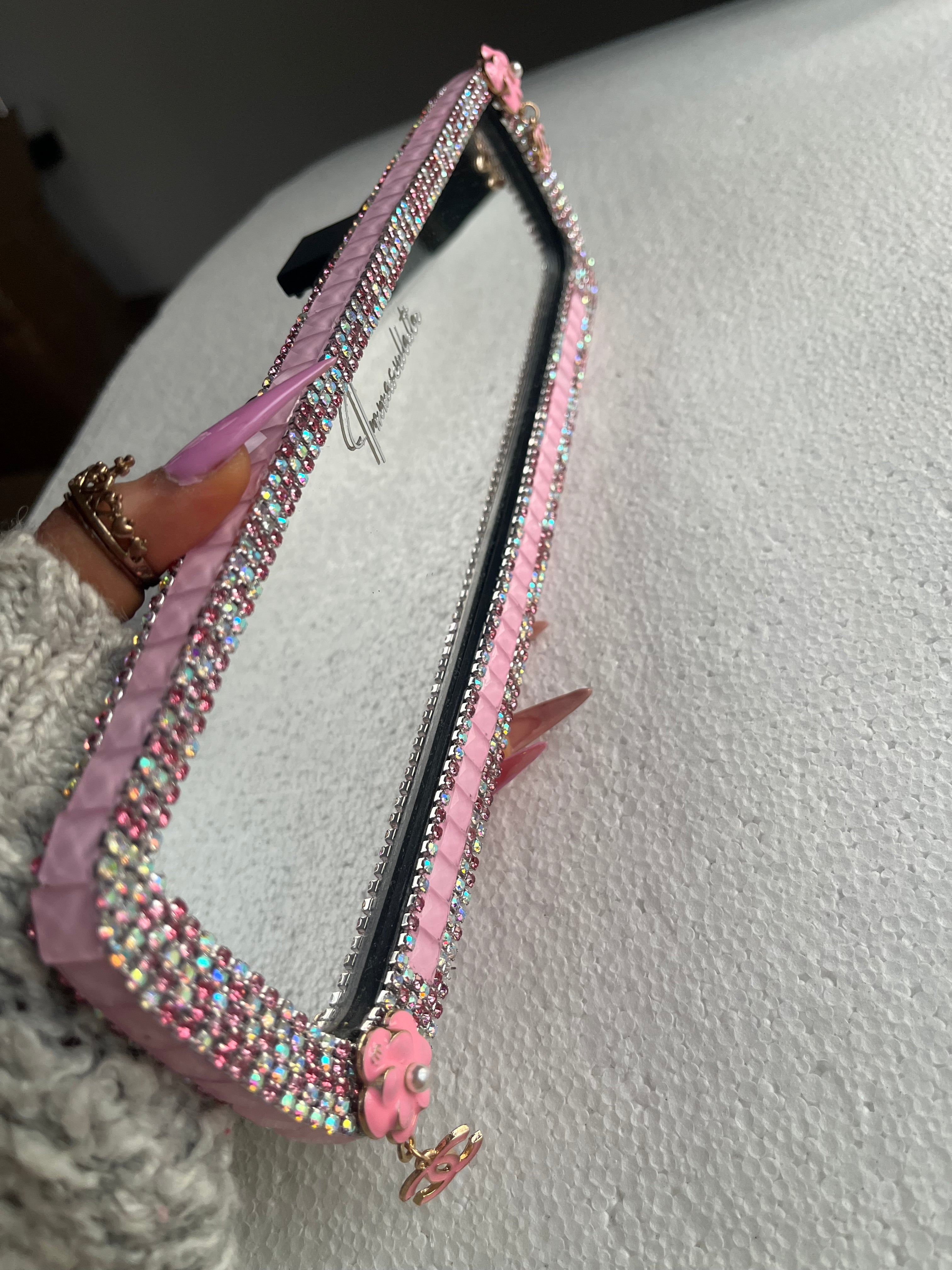 Cc (double)pink diamond encrusted car rear view mirror cover decor