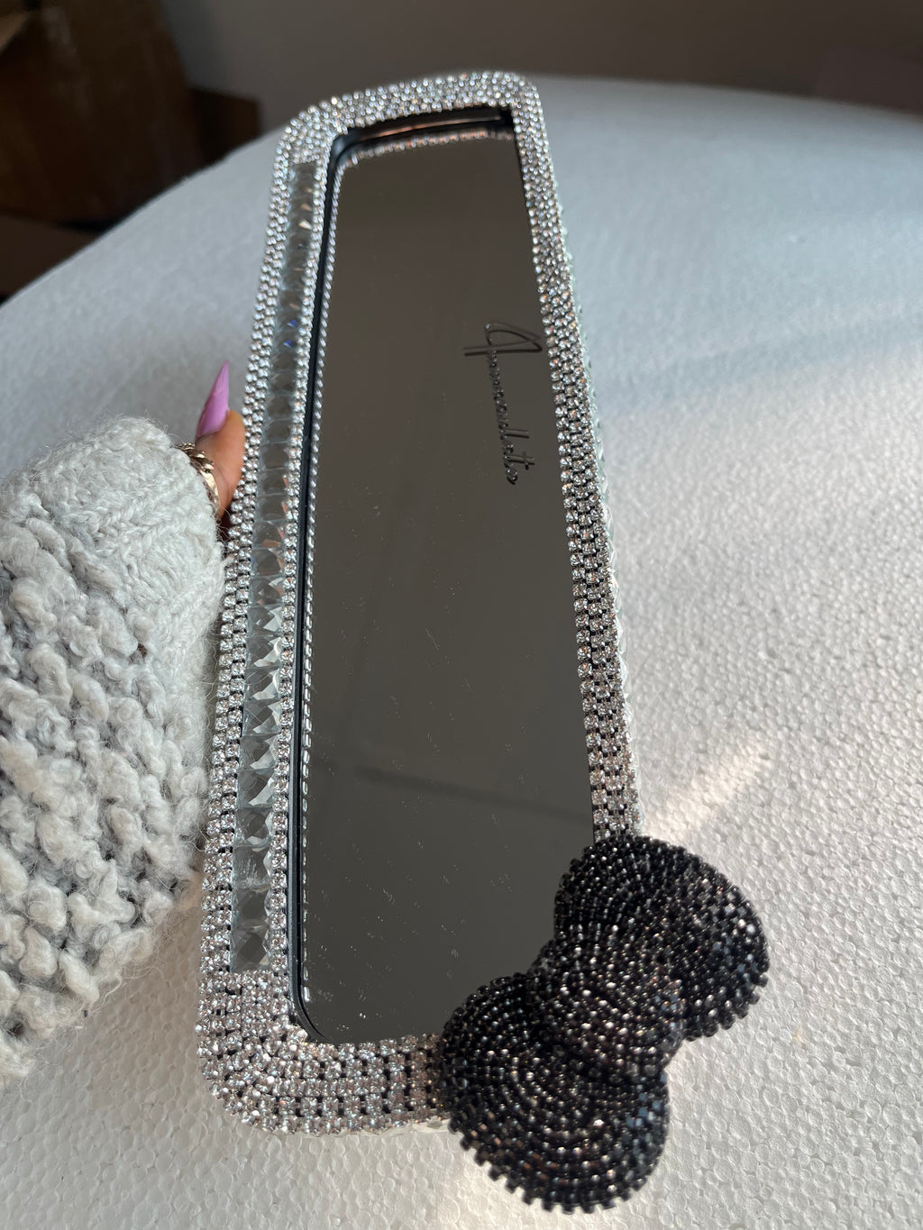 Bow (single) black and crystal clear silver diamond encrusted rear view mirror cover