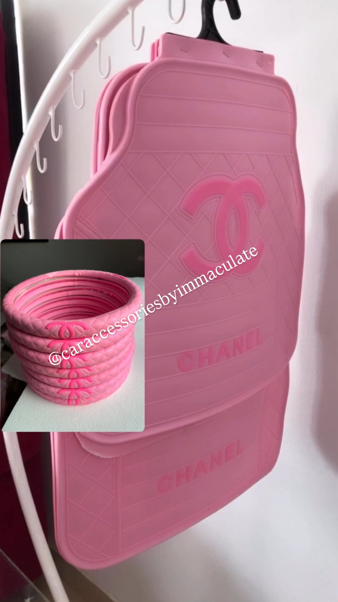 Cc (pink Barbie) Car Mats (5pcs) & Matching Steering Wheel Cover Set
