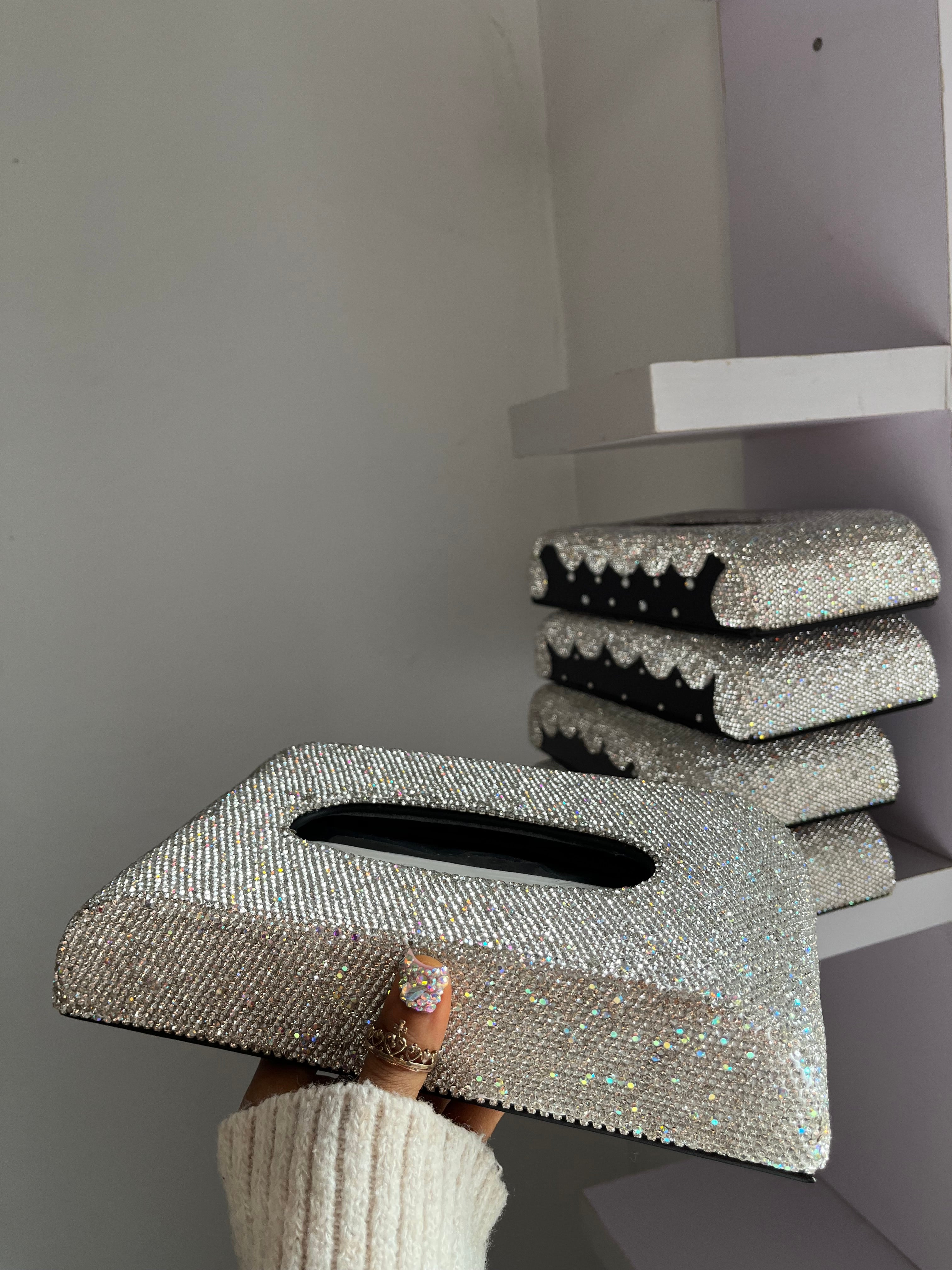 Diamond encrusted (silver) tissue box holder