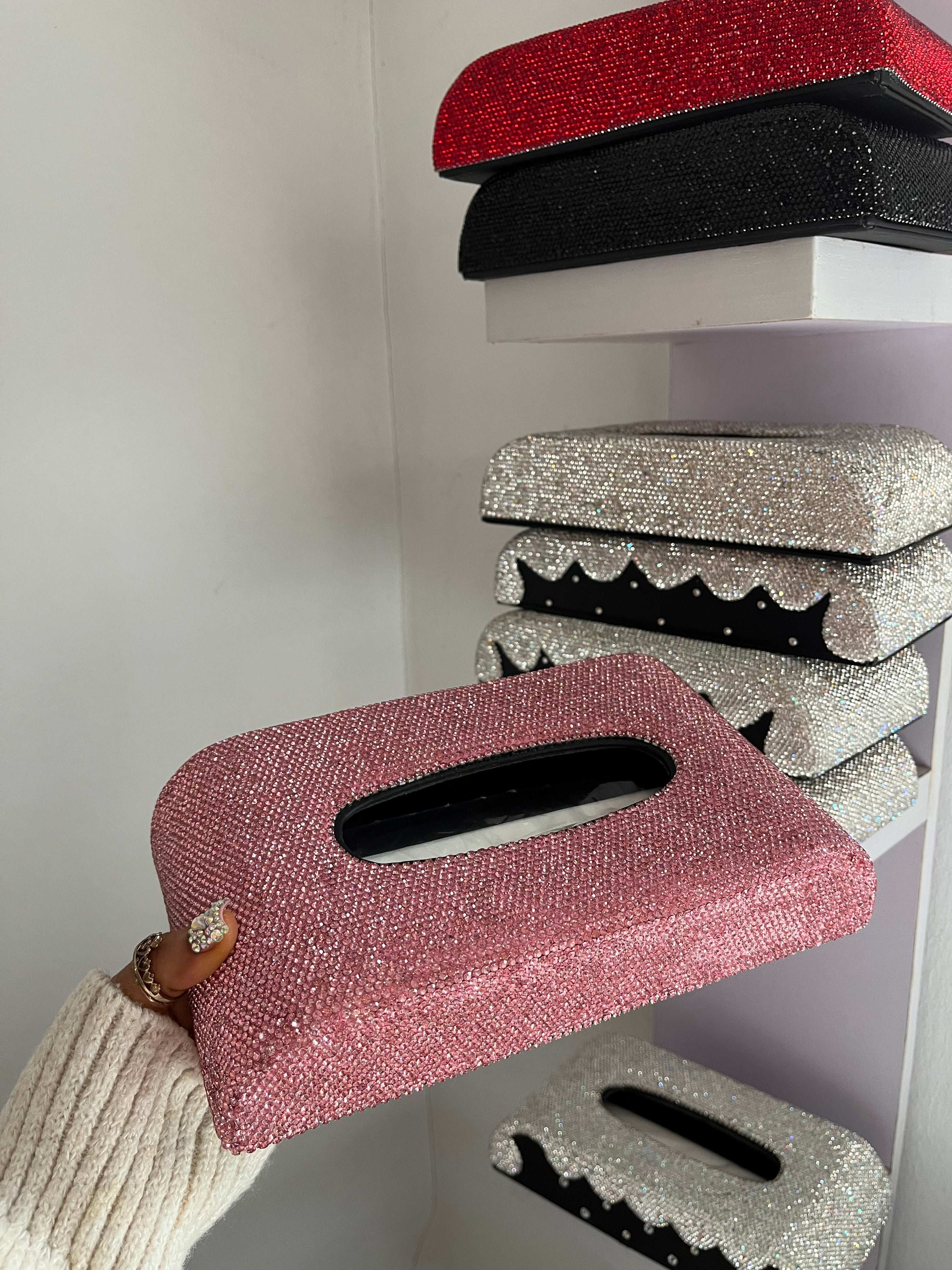 Diamond encrusted (pink) tissue box holder