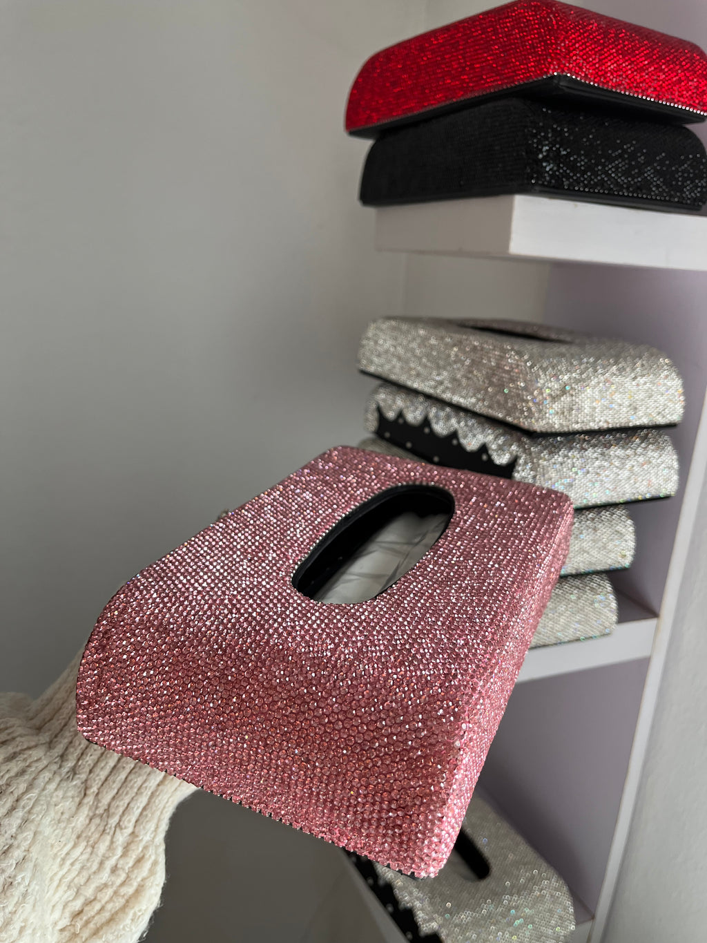 Diamond encrusted (pink) tissue box holder