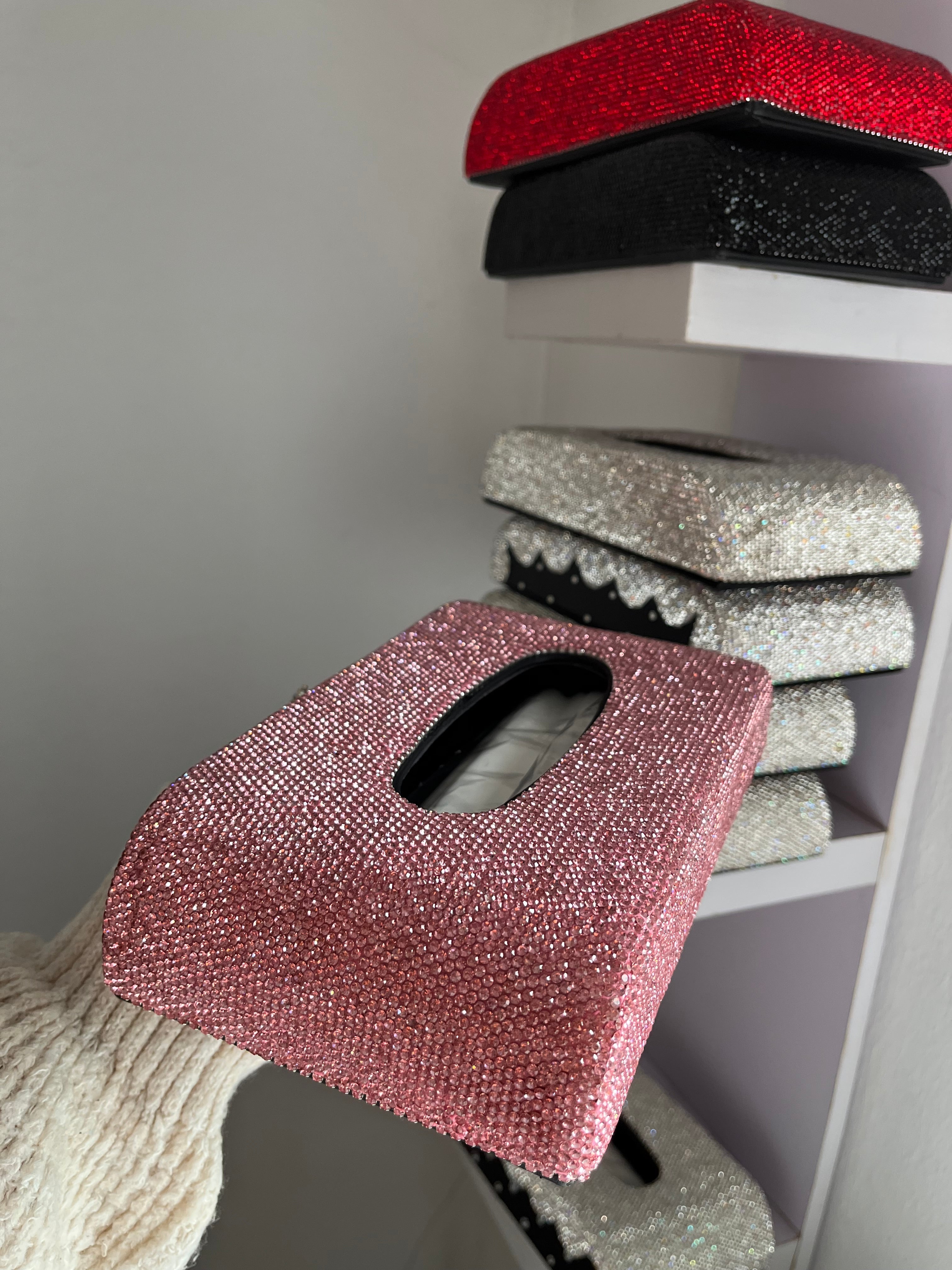 Diamond encrusted (pink) tissue box holder