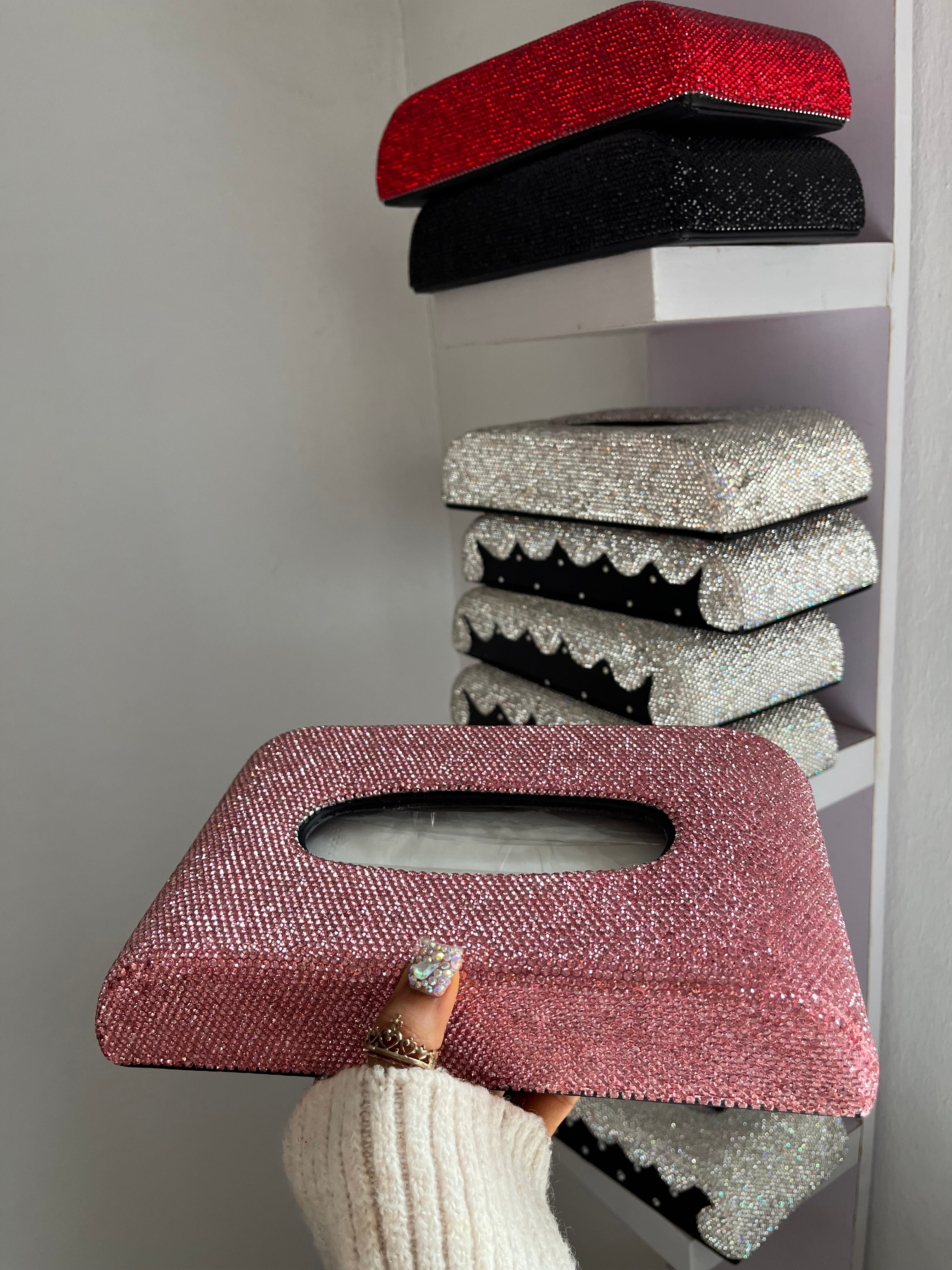 Diamond encrusted (pink) tissue box holder