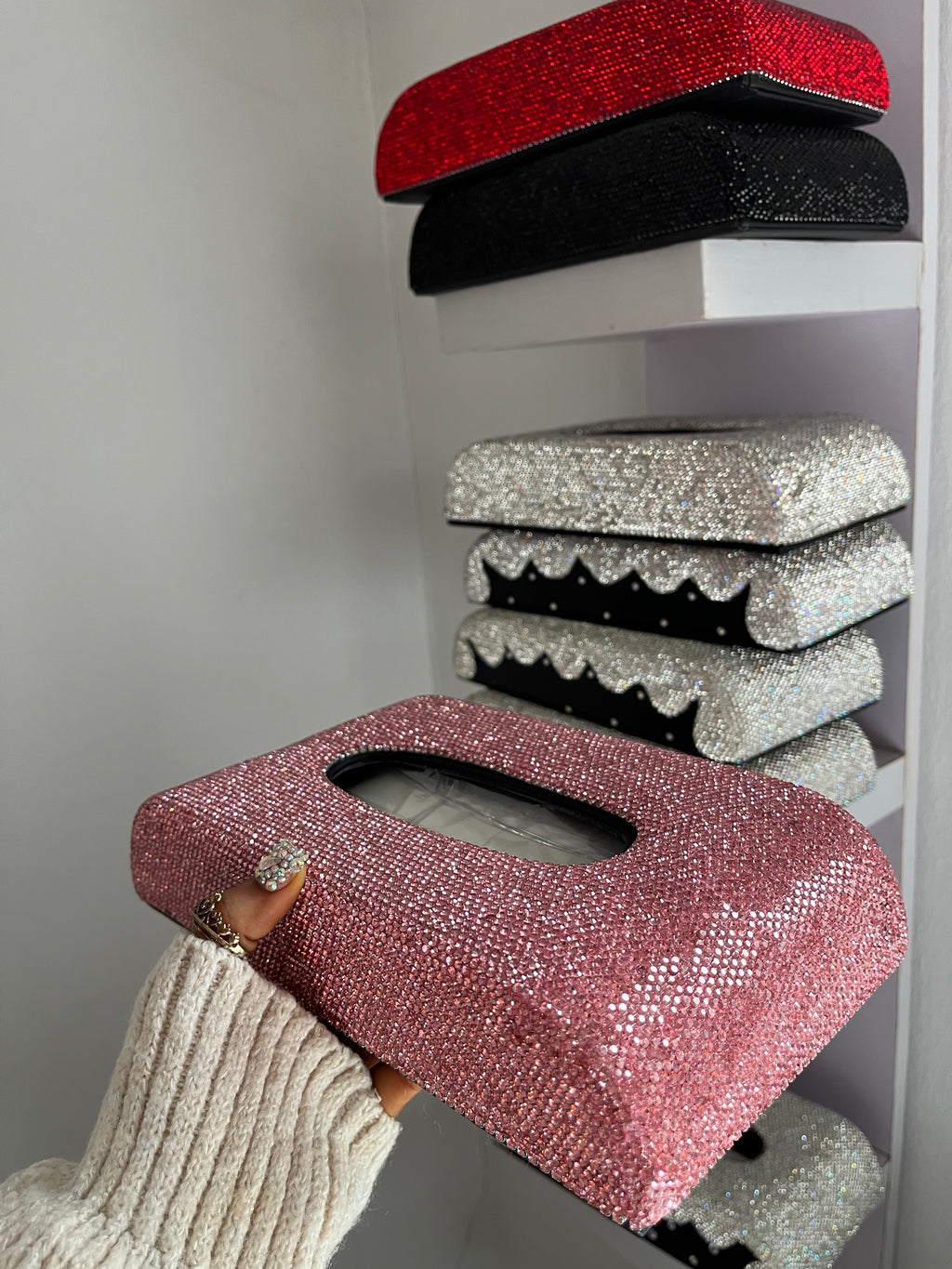 Diamond encrusted (pink) tissue box holder