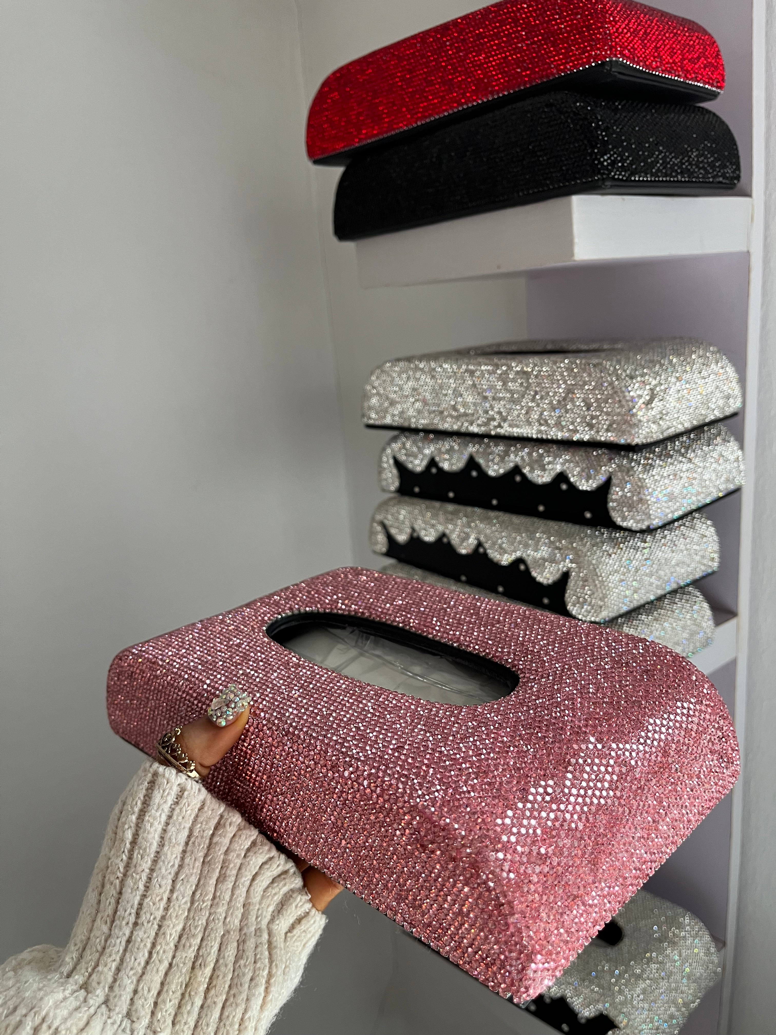 Diamond encrusted (pink) tissue box holder