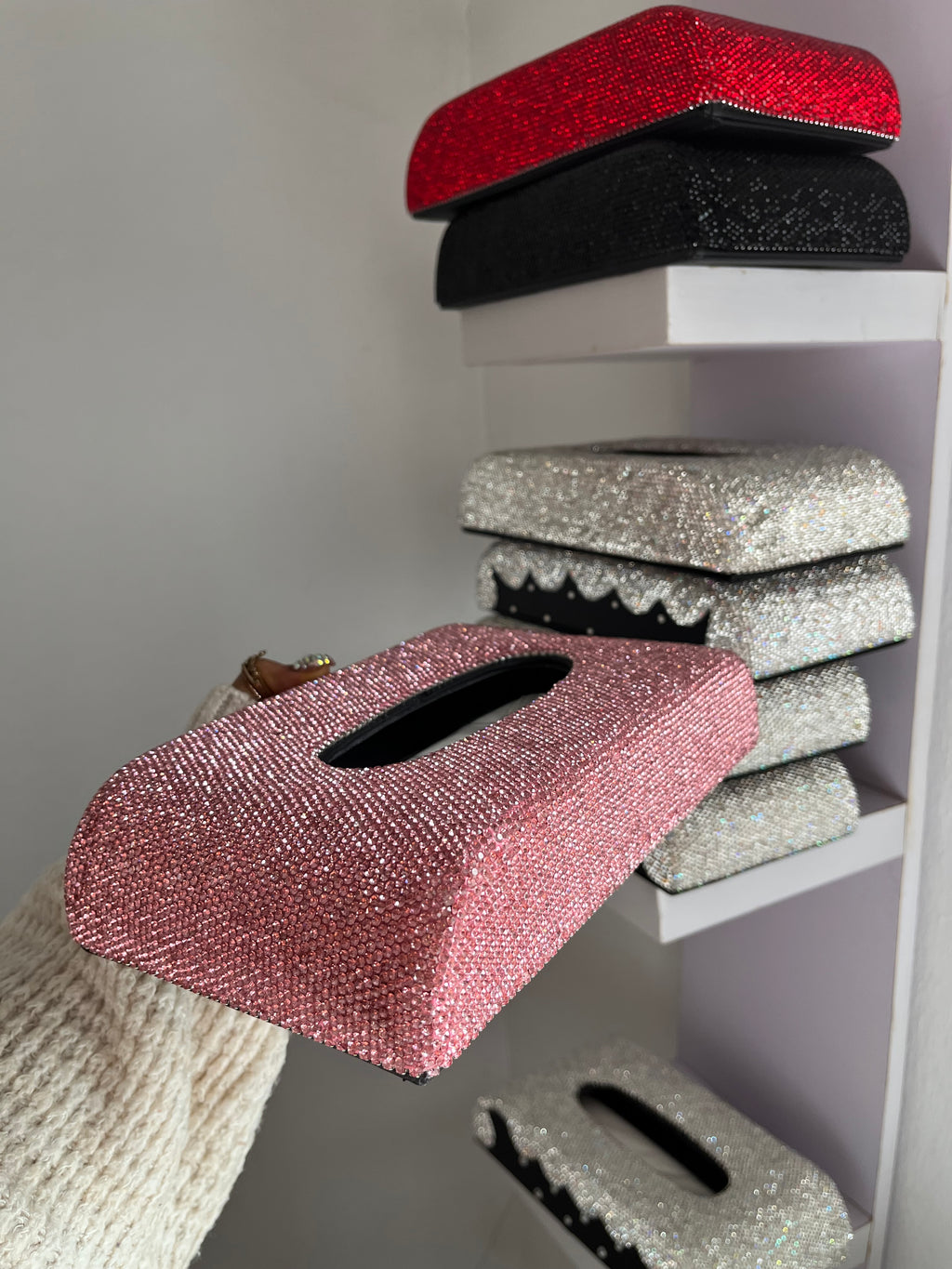 Diamond encrusted (pink) tissue box holder
