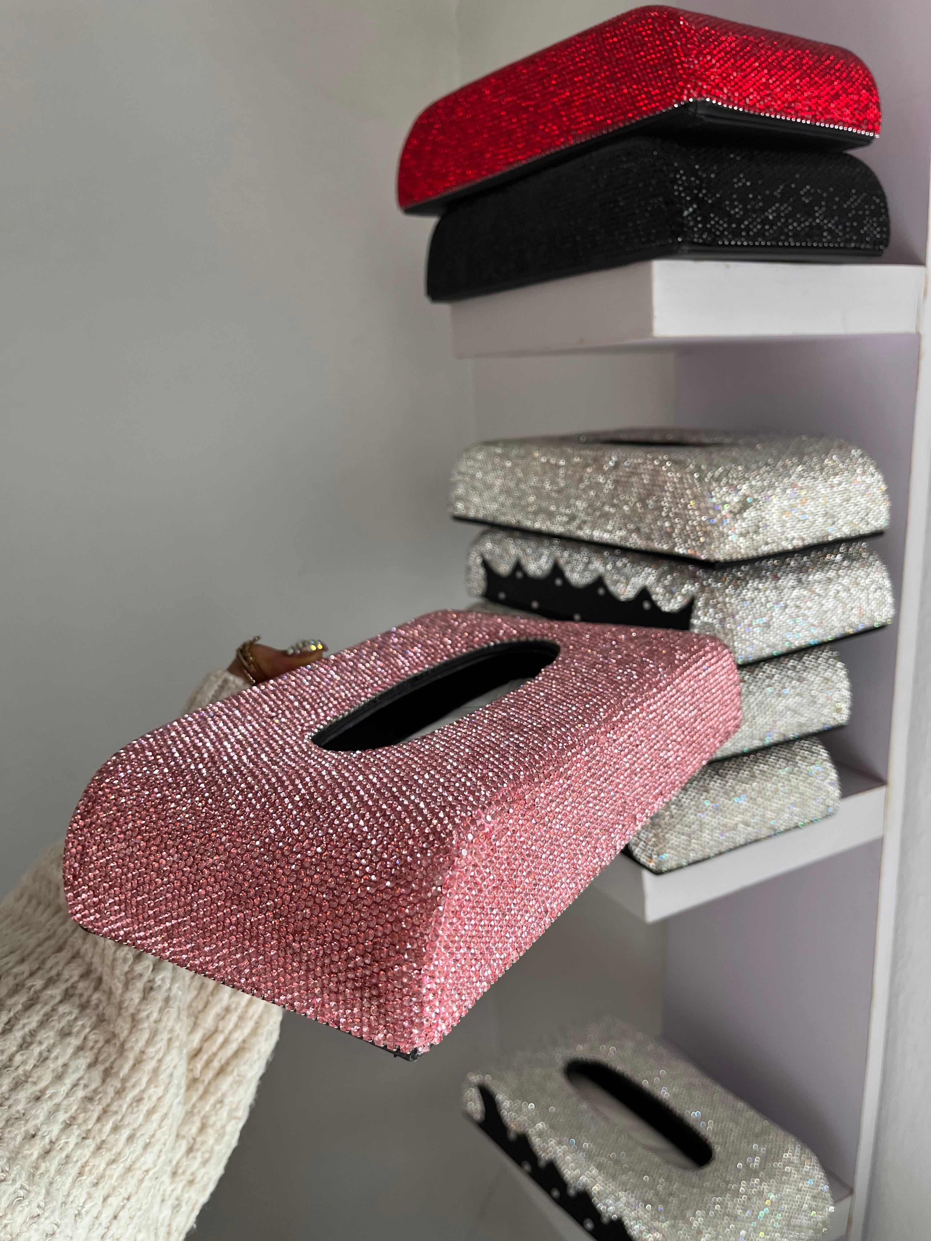 Diamond encrusted (pink) tissue box holder