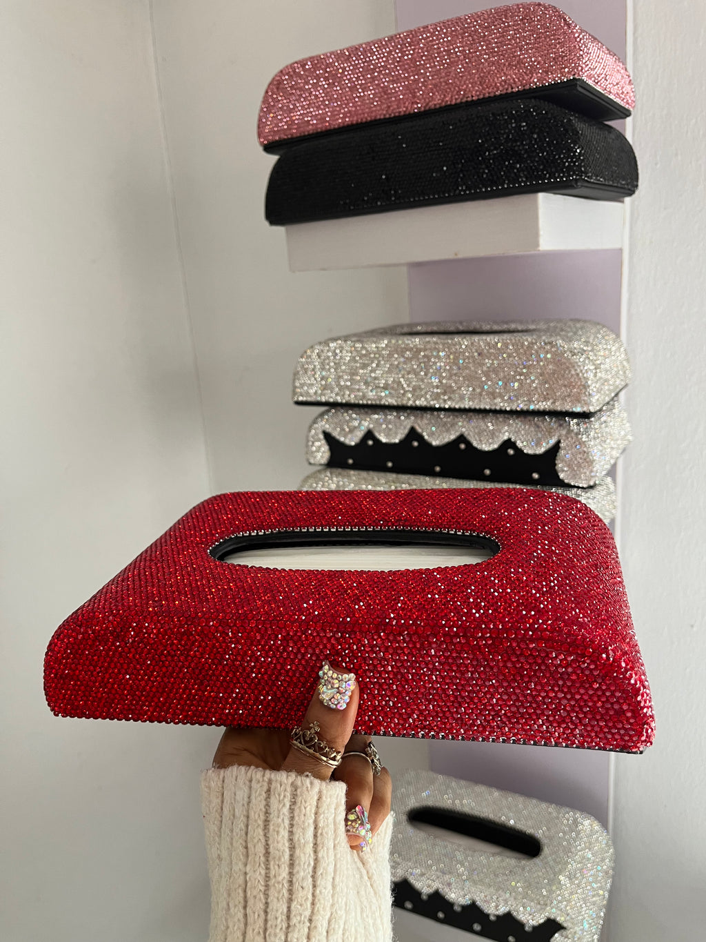 Diamond encrusted (Red) tissue box holder