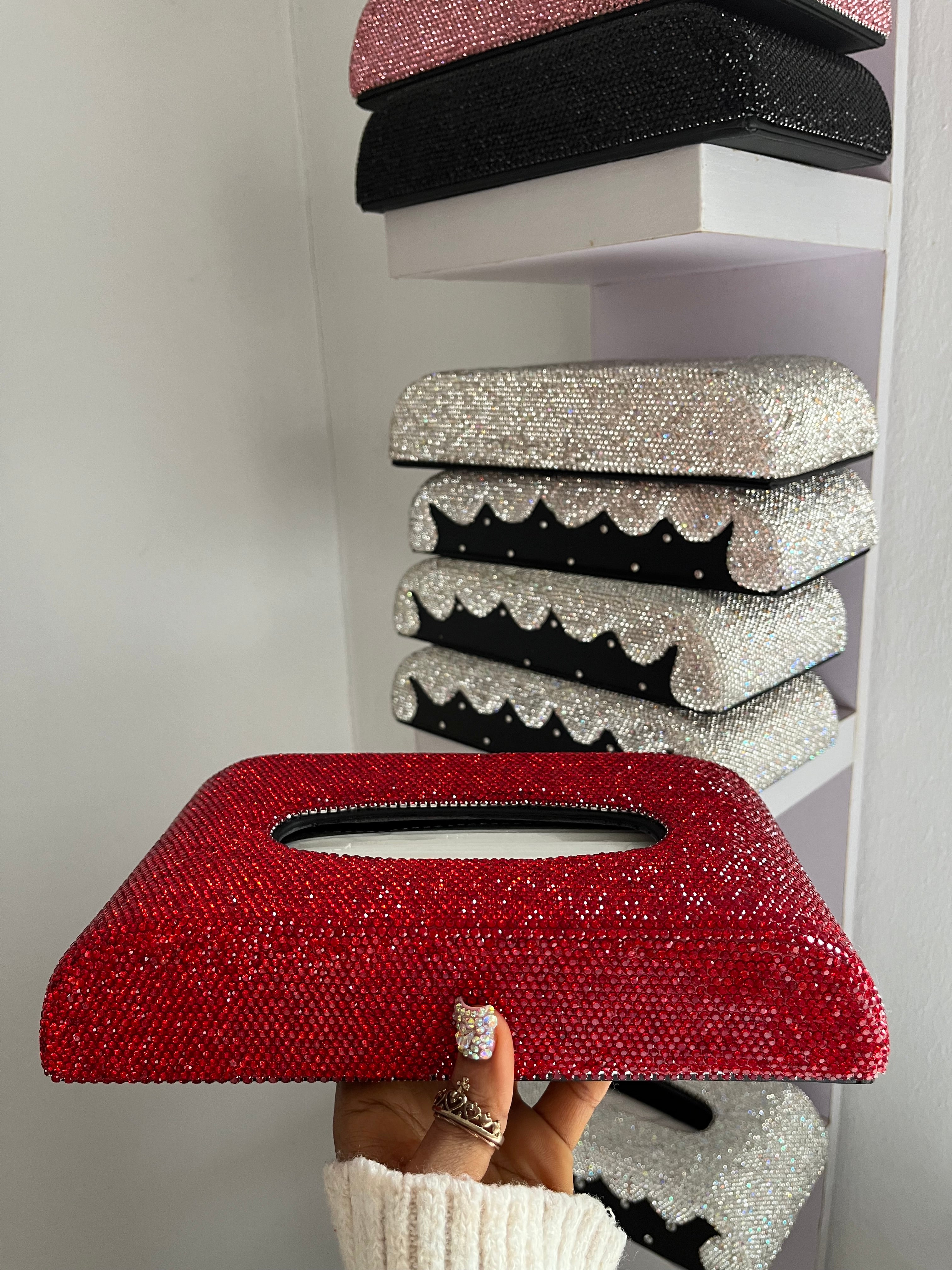 Diamond encrusted (Red) tissue box holder