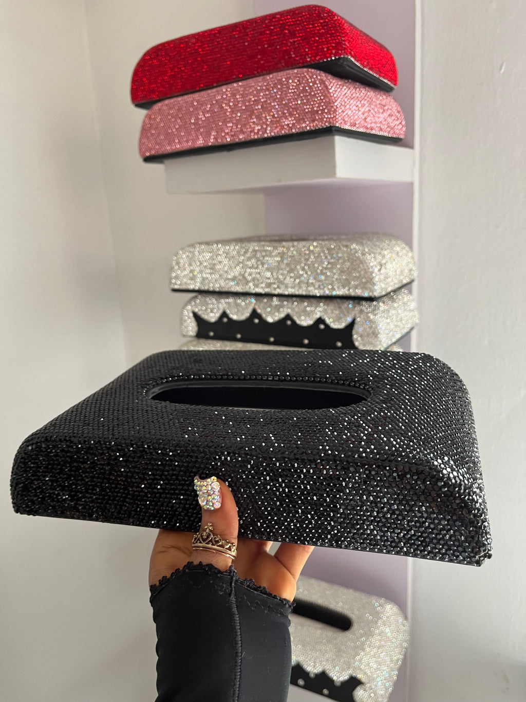 Diamond encrusted (Black) tissue box holder