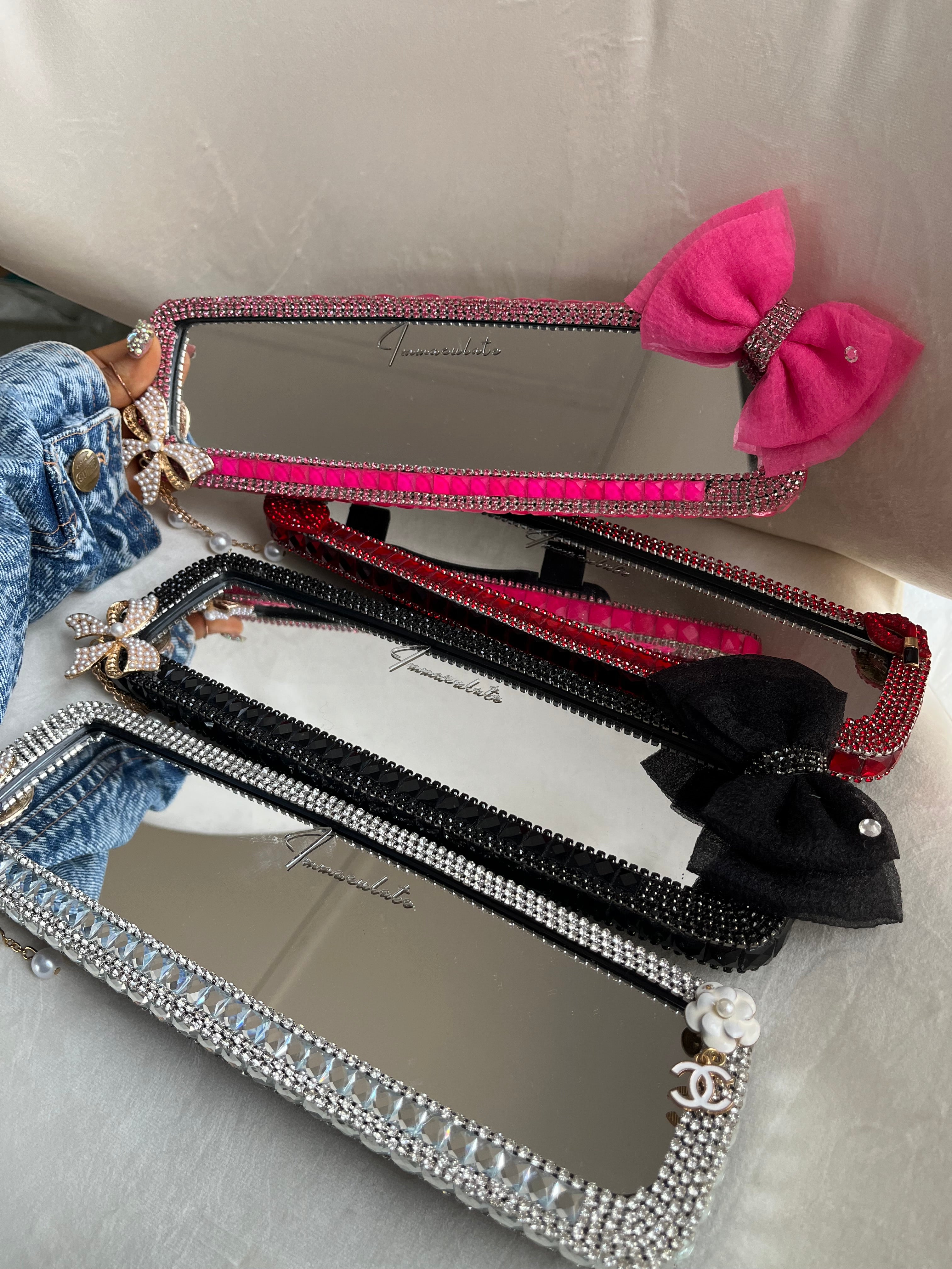 Diamond encrusted (hot pink) bow car rear view mirror cover
