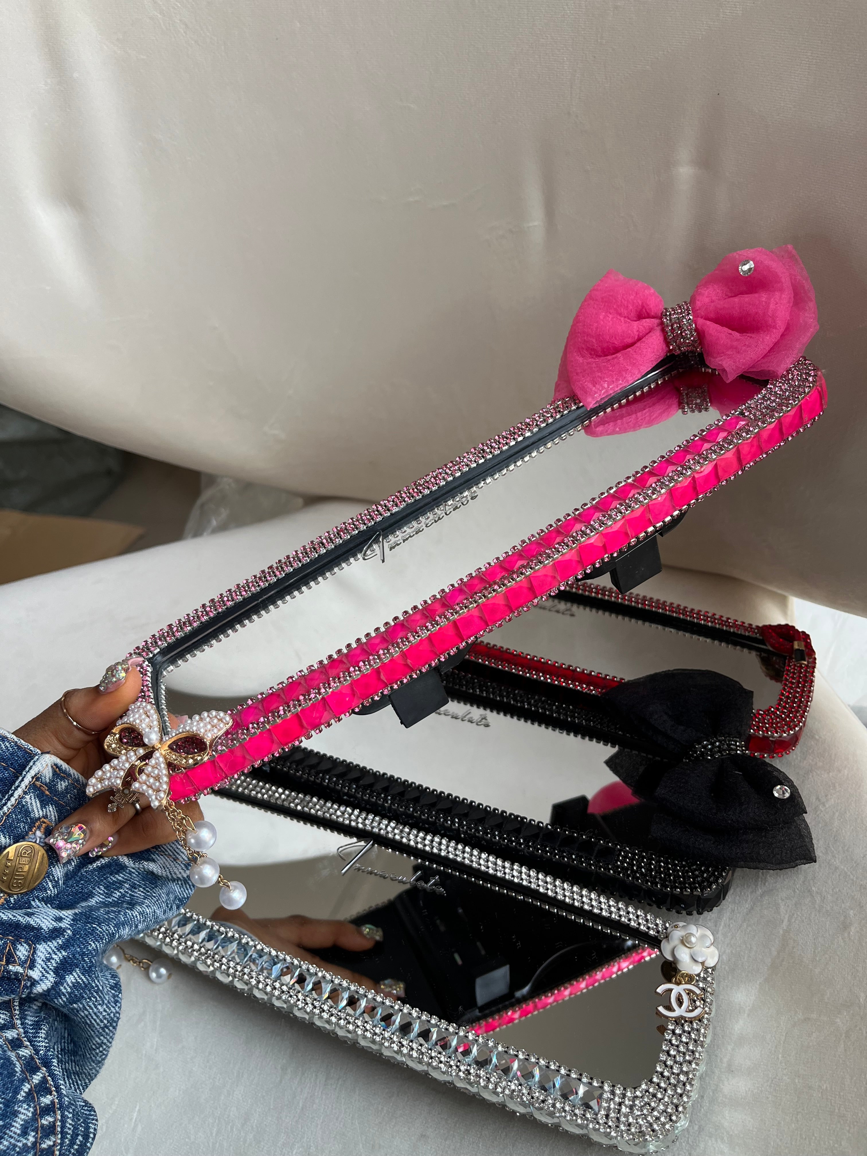 Diamond encrusted (hot pink) bow car rear view mirror cover