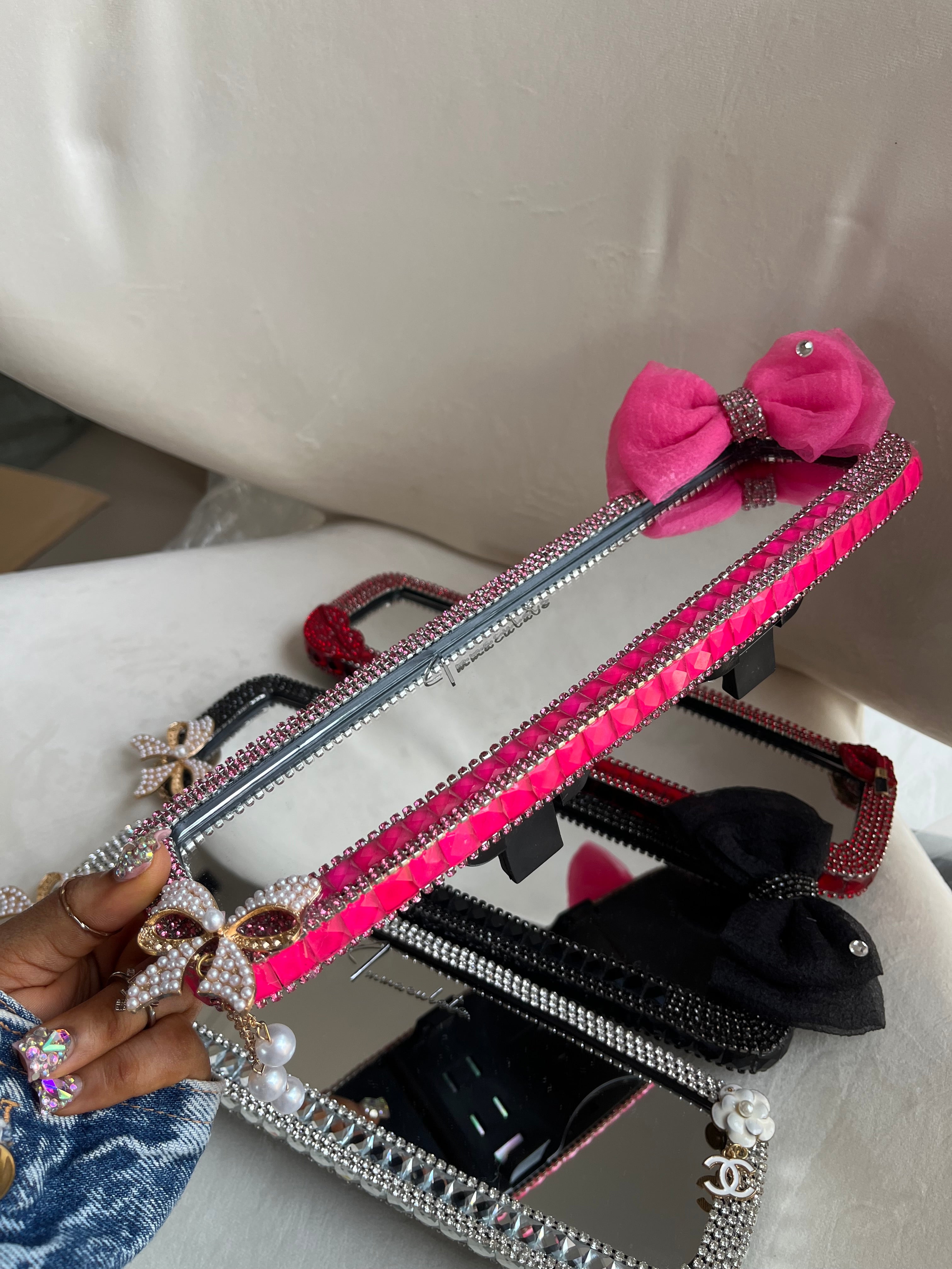 Diamond encrusted (hot pink) bow car rear view mirror cover