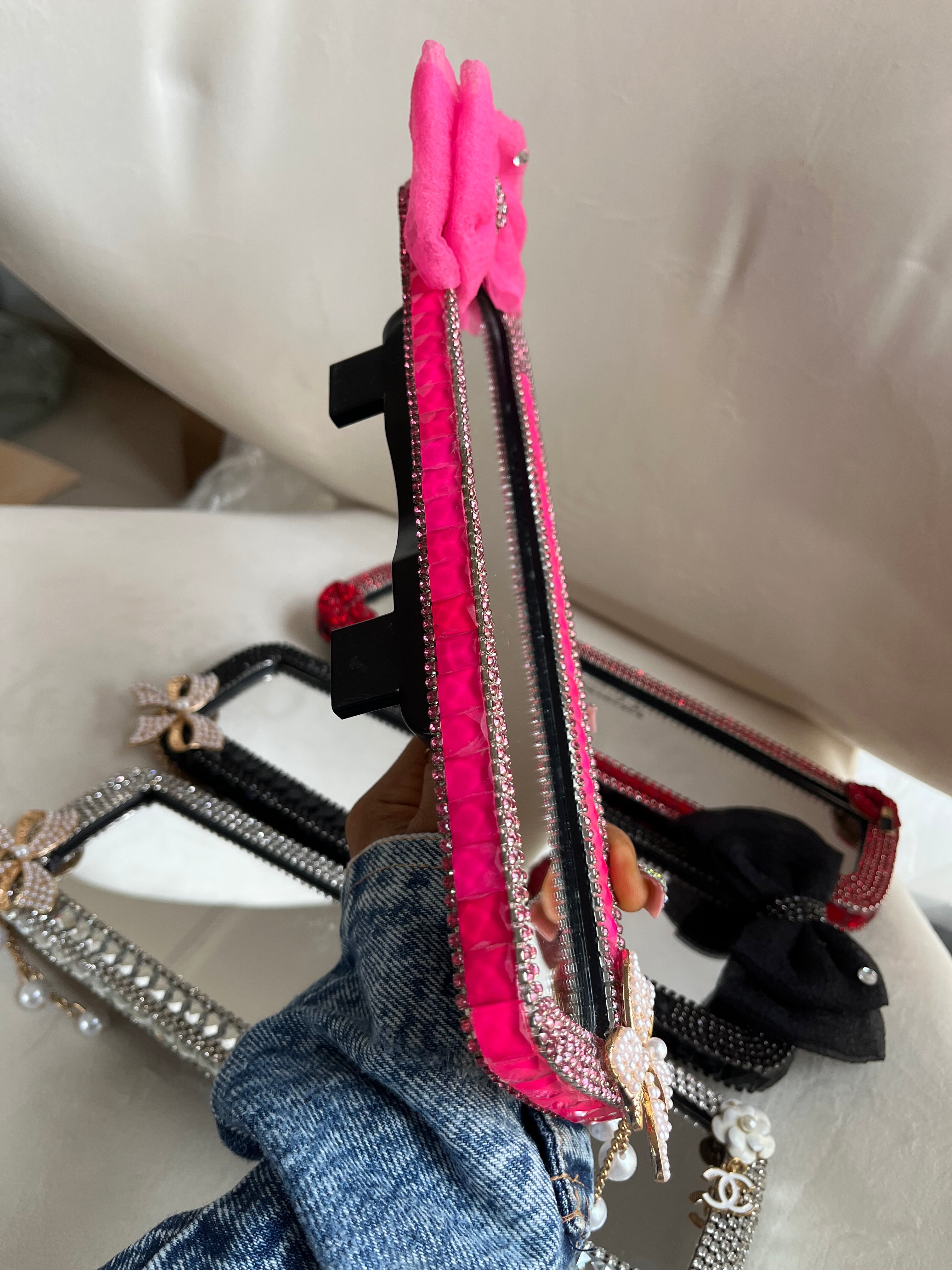 Diamond encrusted (hot pink) bow car rear view mirror cover